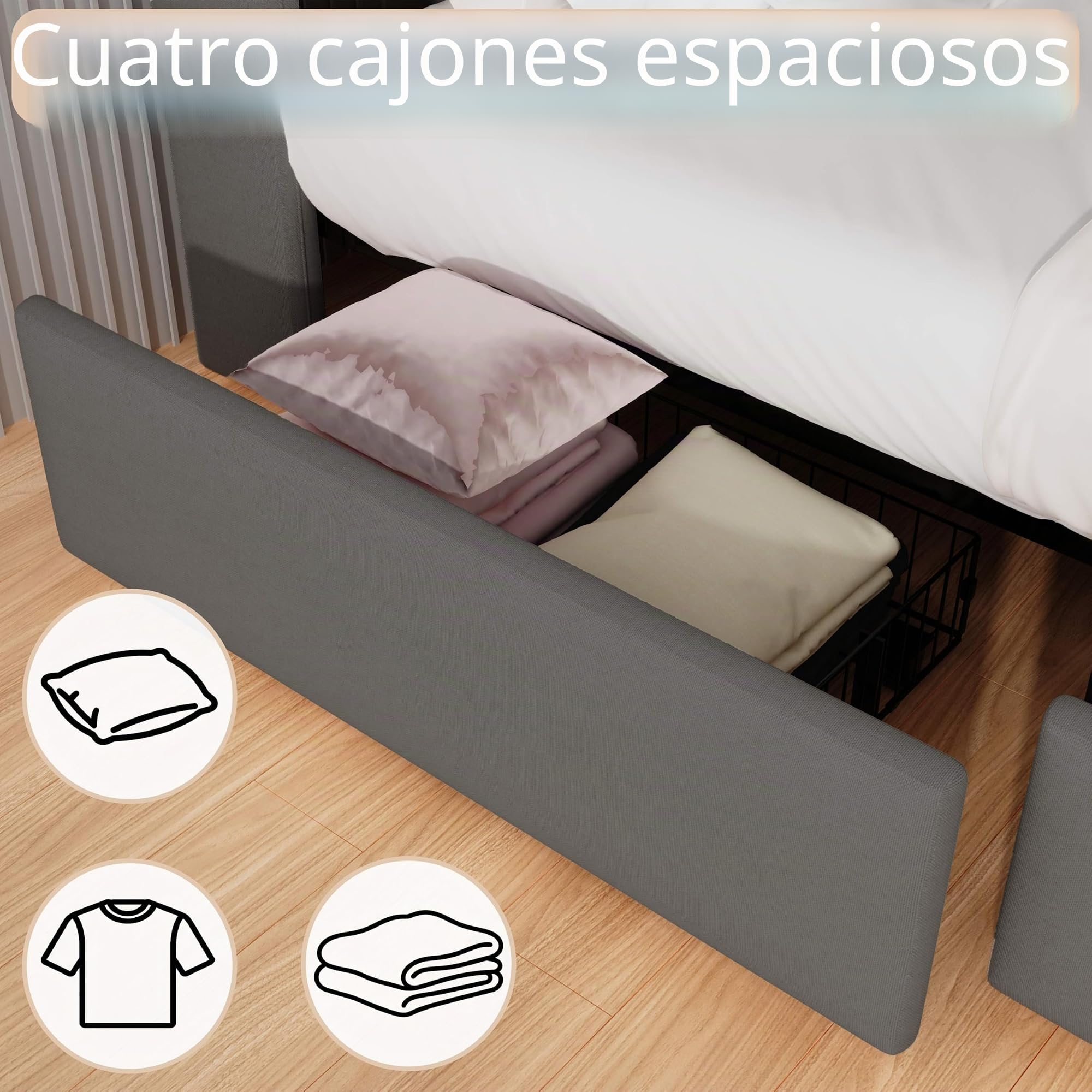 Cama de Lino Gris de 140x200 cm con Cabecero con Almacenamiento