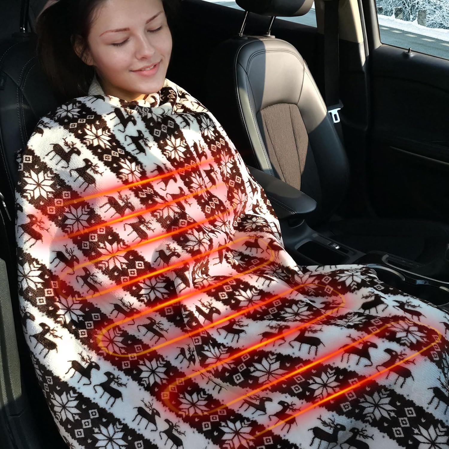 Electric Blanket,12 Volt Heated Blanket,Car Heated Travel Blanket, HI/Low Fast Heating Levels, Warm Blanket for Cars,Office,Travelling (Coffee & White Deer)