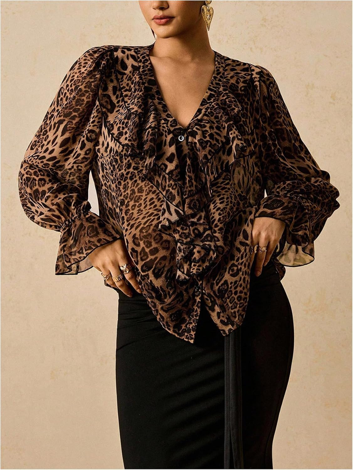 GORGLITTER Women's Plus Size Cheetah Print Tops Ruffle Long Sleeve Button Down Shirt Trendy Fall Blouses - Image 3