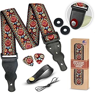 Guitar Strap For Acoustic, Electric and Bass Guitar, Red Woven Vintage Embroidered Adjustable Strap Includes 2 Strap Locks To Keep It Safe & 2 Unique Picks and Pick Pocket, Best Gift for Men & Women