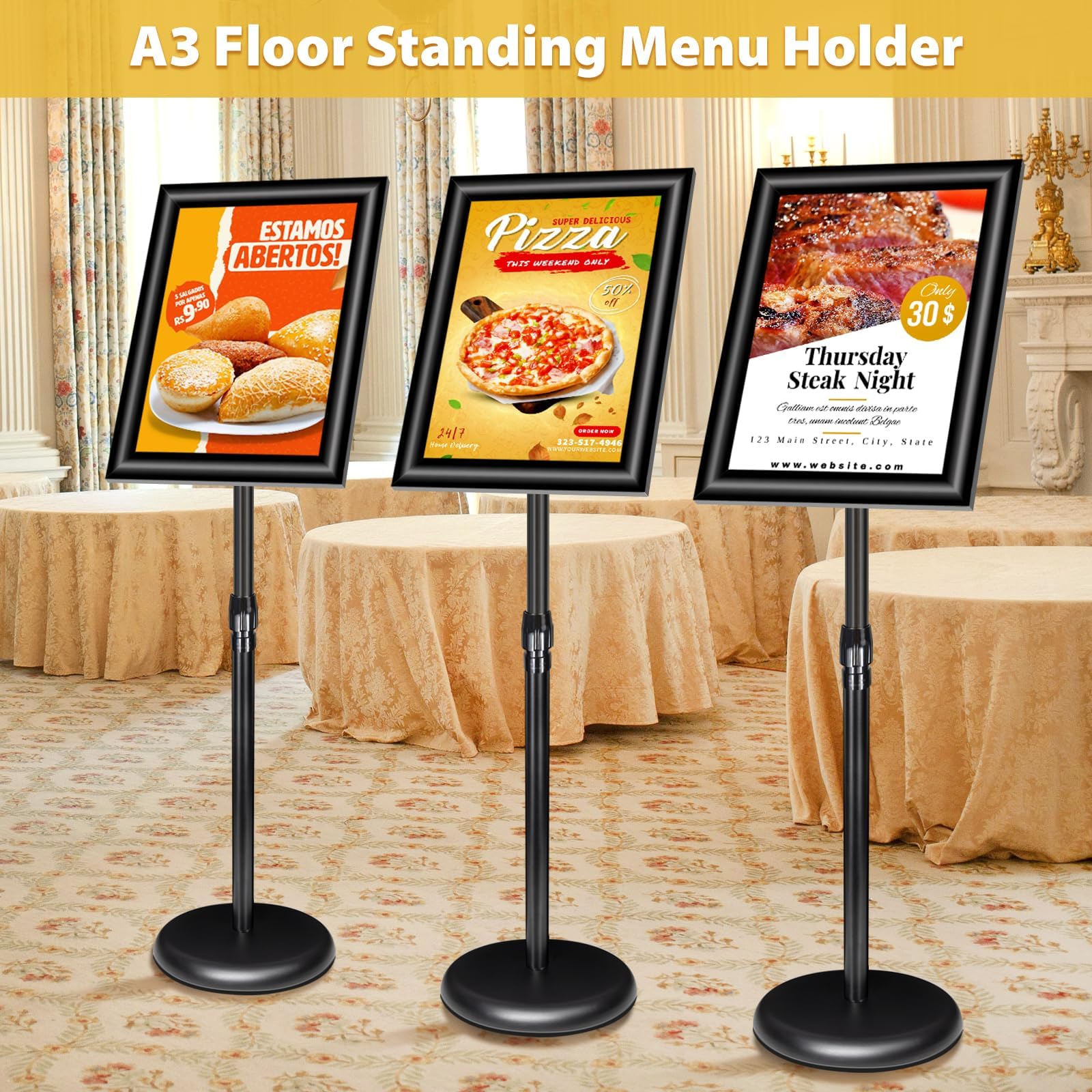 Paquete de 6 soportes ajustables de aluminio A3 para carteles, menús, anuncios, ventas, soporte de exhibición de señalización (negro, paquete de 6)