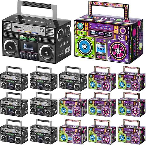 VGOODALL Cajas de recuerdo de fiesta, paquete de 24 cajas de golosinas, 6 x 3.2 x 3.5 pulgadas, tema de los años 80 para decoraciones de radio de