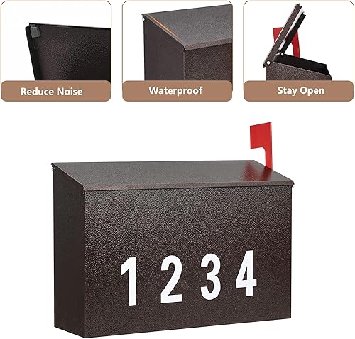 Miniatura 102 de LAND·VOI Buzón de pared con un kit de bandera y tres juegos de calcomanías de números de buzón de 0 a 9, buzones para exterior, buzón de metal Negro