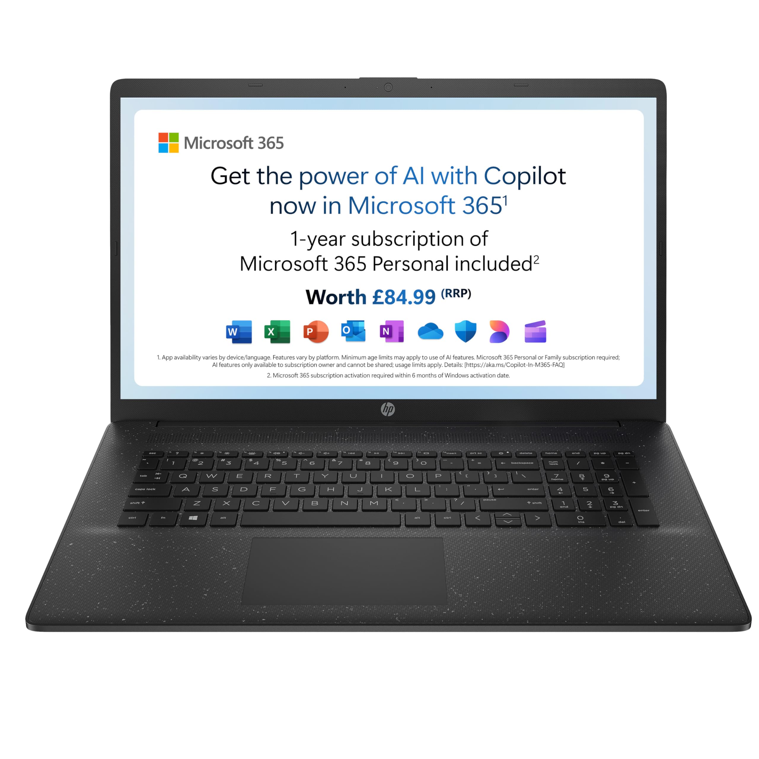 HP 17" Laptop, Intel Pentium Silver Processor, 4 GB RAM, 128 GB SSD, Intel UHD Graphics, FHD Display, Dual Speakers, Microsoft 365 Personal 12 month included, Win 11, Jet Black, 17-cn01014sa