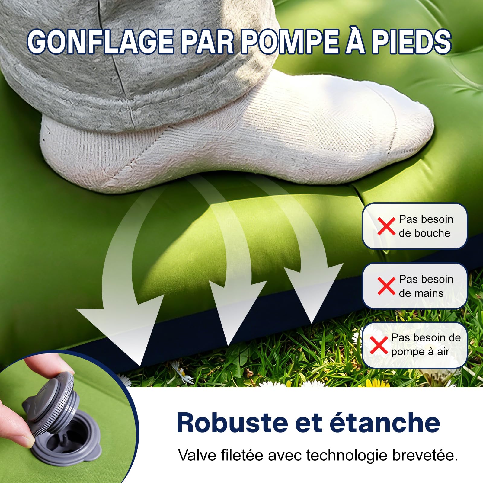 Matelas de Camping 2 Personnes 12 cm Autogonflant Ultra Léger avec Pompe à Pied et Oreiller Intégrés