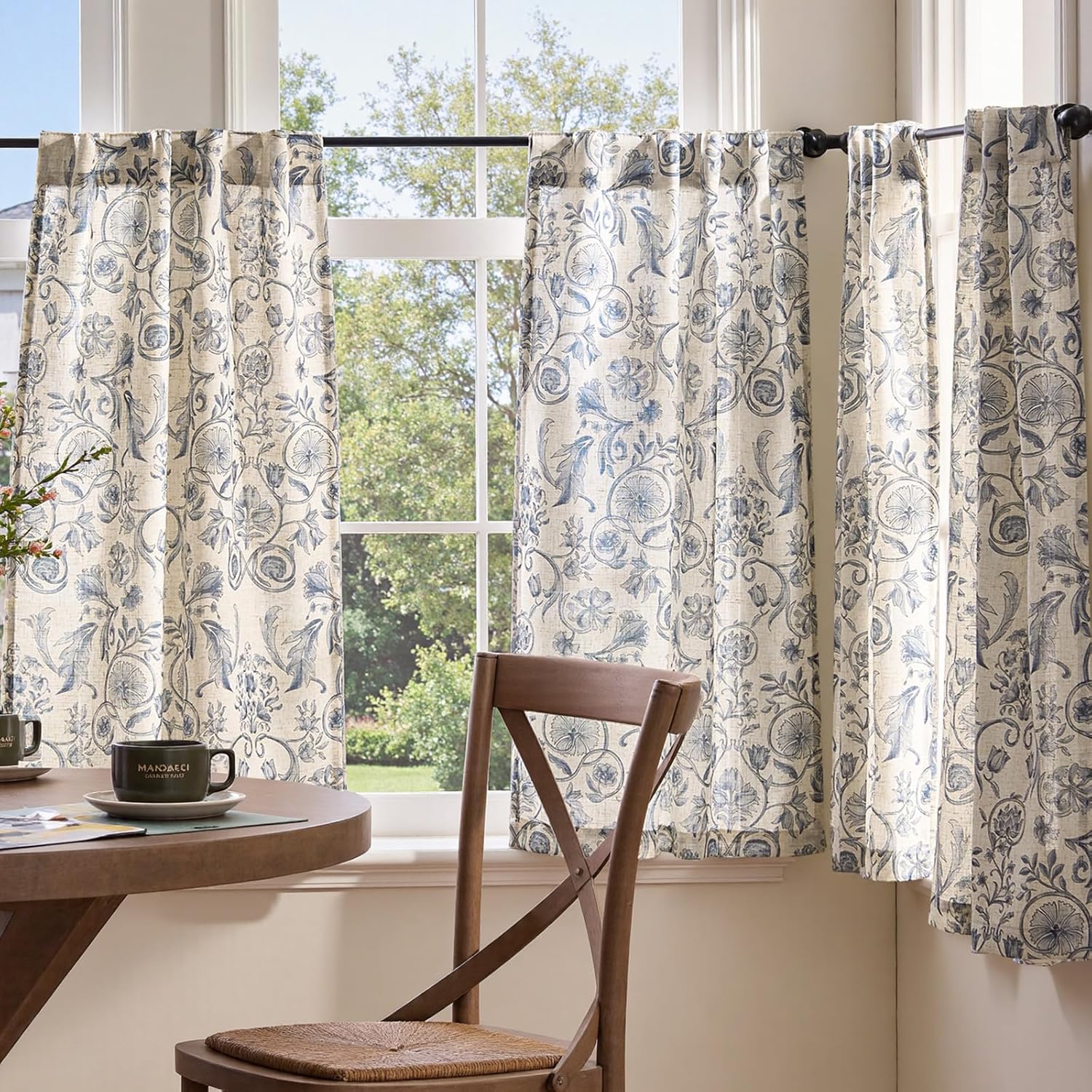 jinchan Small Window Curtains 36 Inch Linen Floral Curtain Set for Kitchen Bathroom Cafe Curtains Light Filtering Window Treatment Farmhouse Cottagecore Back Tab Drapes 2 Panels Blue on Beige