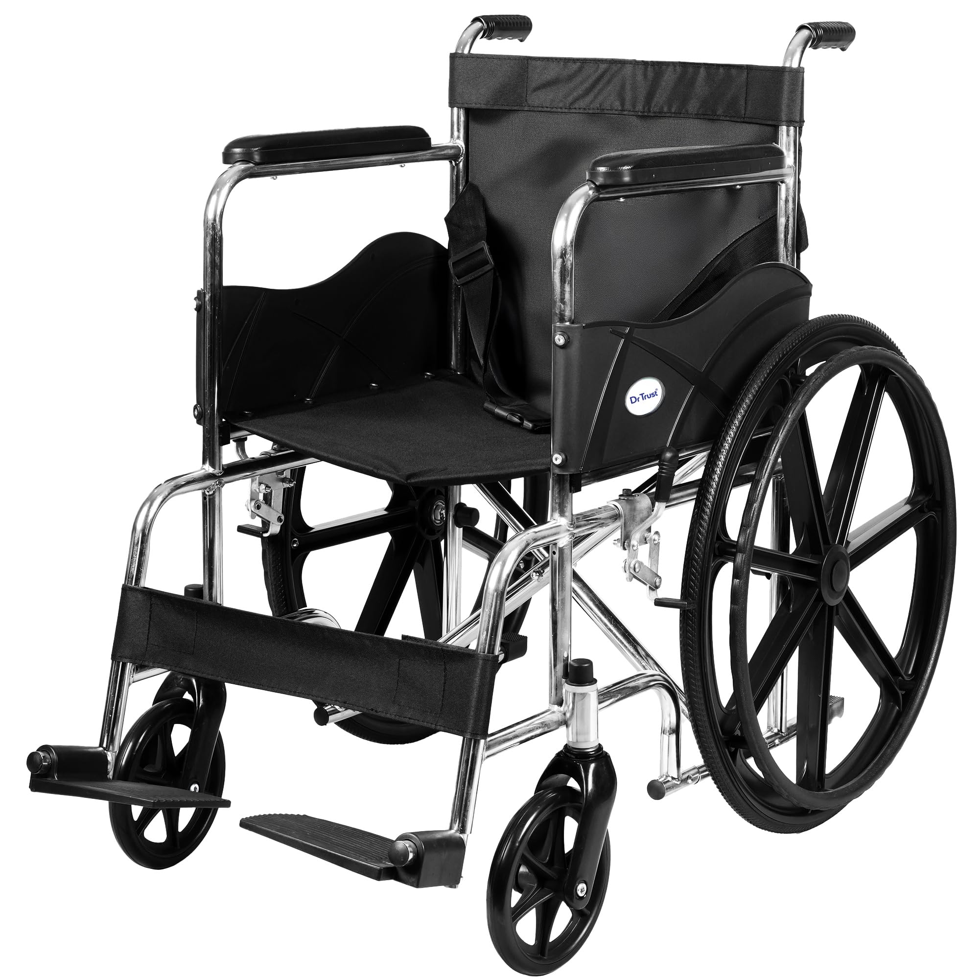 Dr Trust USA 5601 Premium Foldable Wheelchair, Chrome Plated Durable Mobility Chair with Aluminium Footrest, 100kg Load Capacity Manual Push Aid With Safety Belt for Adults & Old Age Patients-image-9