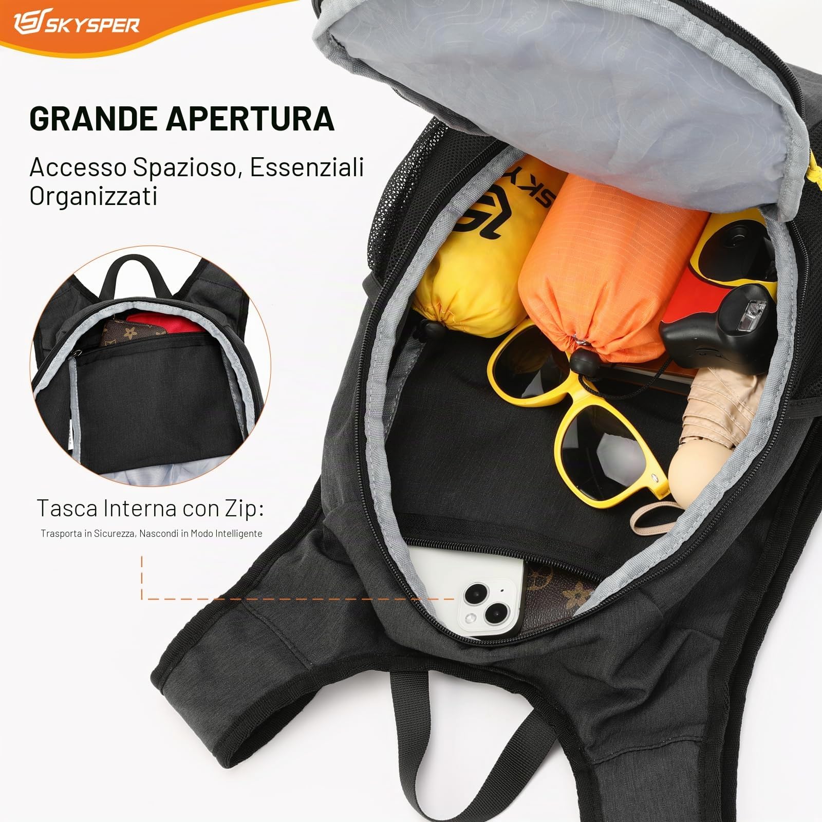 SKYSPER Zaino Pieghevole Leggero 15L Escursione Cinturino Pettorale Ripiegabile da Viaggio Uomo Donna