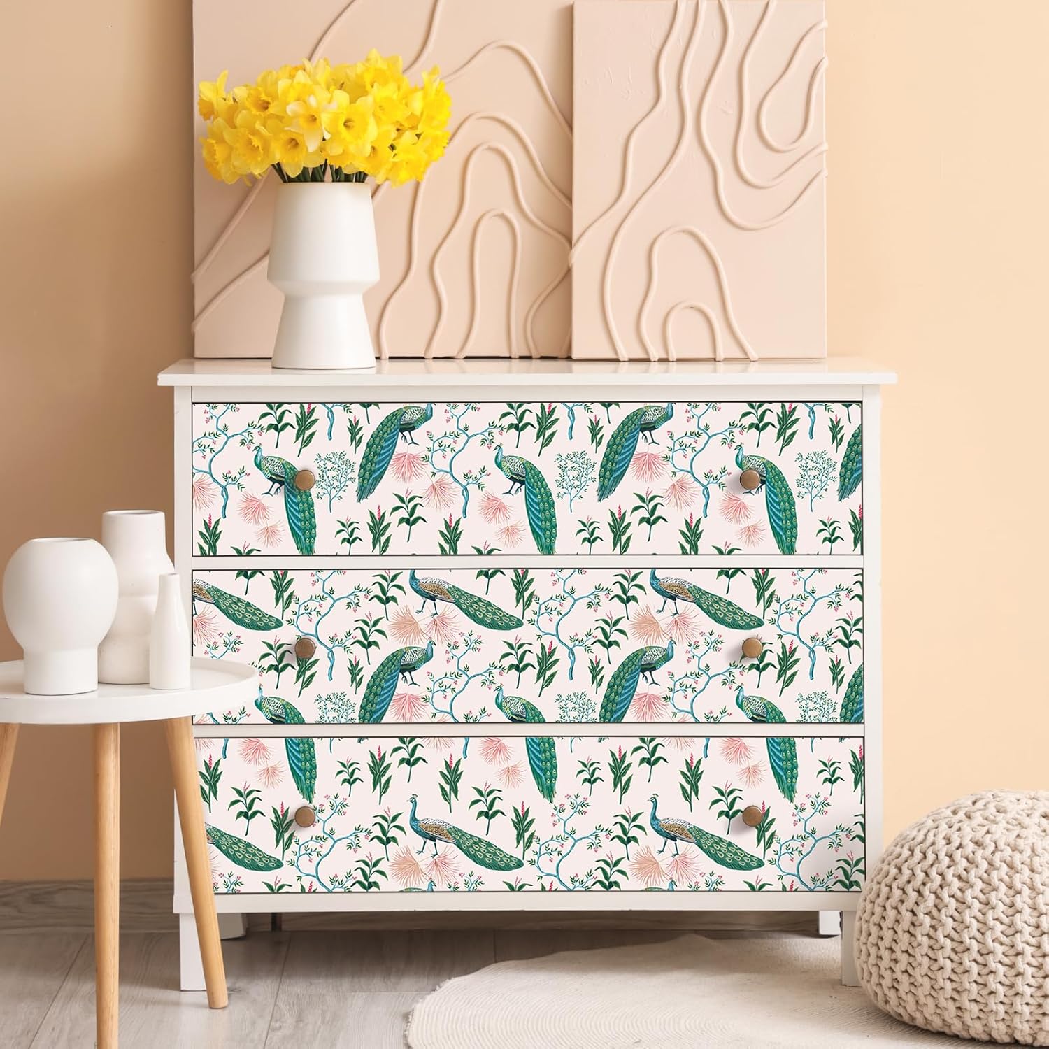 CRE8TIVE Chinoiserie Wallpaper Peacock Peel and Stick Wallpaper Vintage Feather Tree Leaf Removable Wall Paper 12"x118" Self Adhesive Cream White Contact Paper for Bedroom Cabinets Drawer Liners Walls