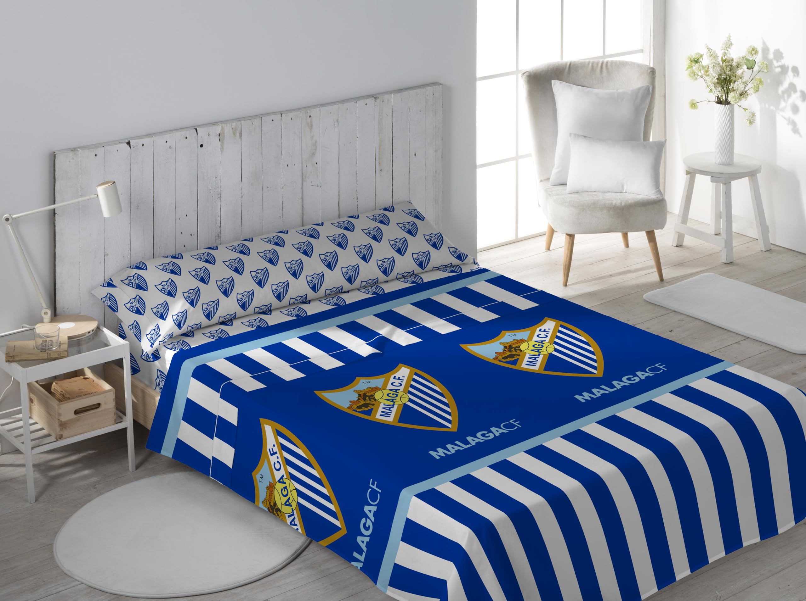 Juego de Sábanas Málaga CF, Diseño Oficial con Escudo y Rayas, para Cama de 90, 105, 135, 150 cm (90)