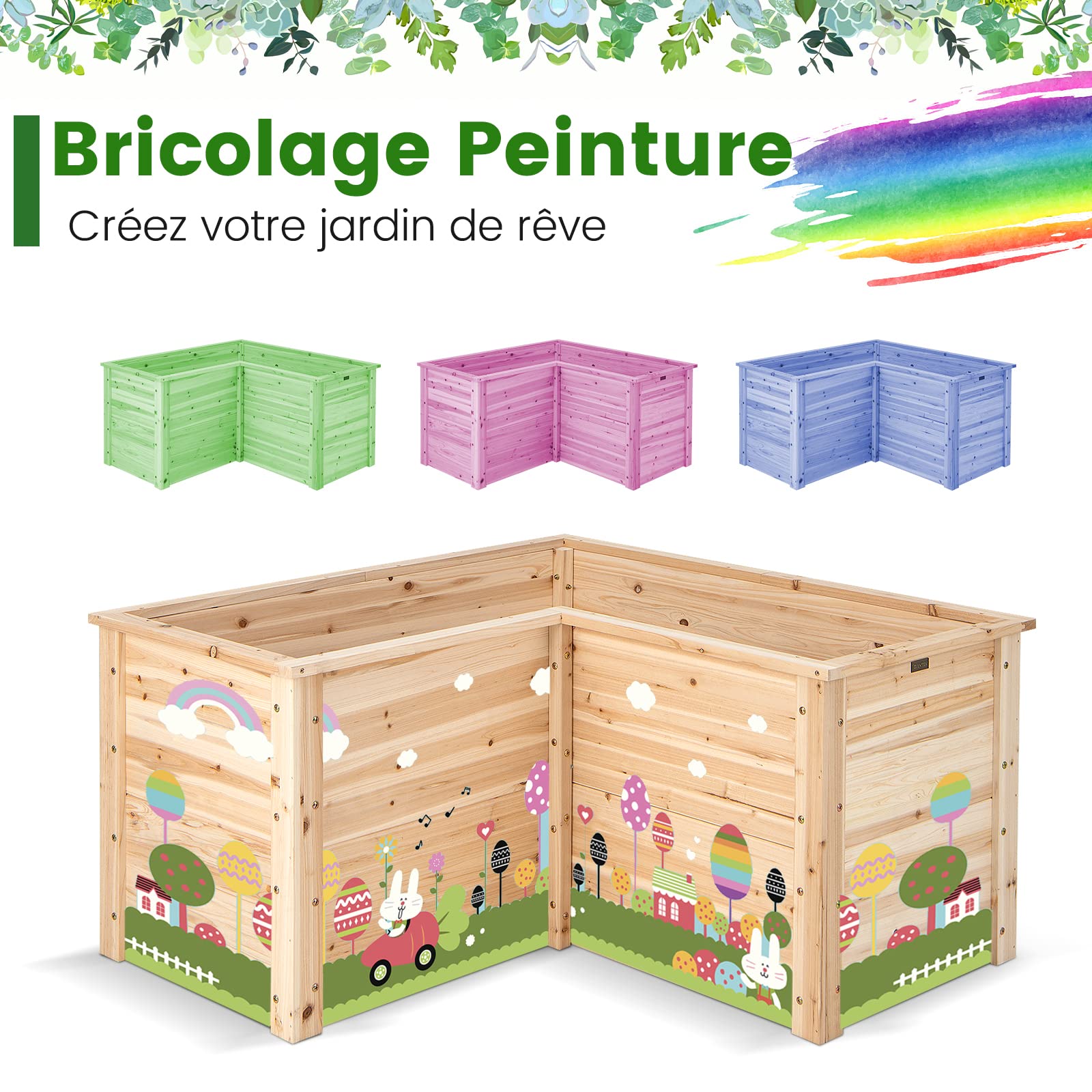 GOPLUS Carré Potager en Bois Haut, Jardinière en Forme de L avec Base Ouverte pour Légumes, Fruits, Fleurs, 120 x 120 x 63 CM, Bac Potager Extérieur pour Balcon, Terrasse, Jardin (Naturel)
