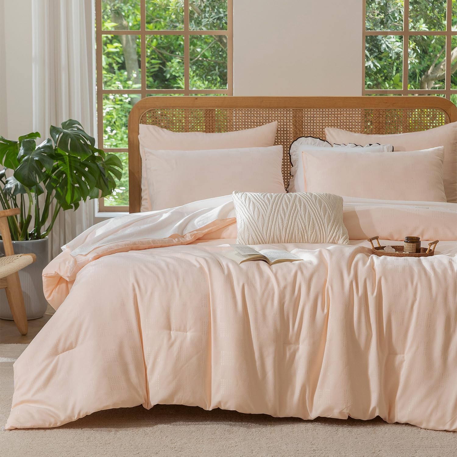 Queen Size Comforter Set Pink - Waffle Checkered Soft Shabby Chic Bedding, All-Season Lightweight Breathable with 2 Pillowcases Combo for Year-Round Comfort