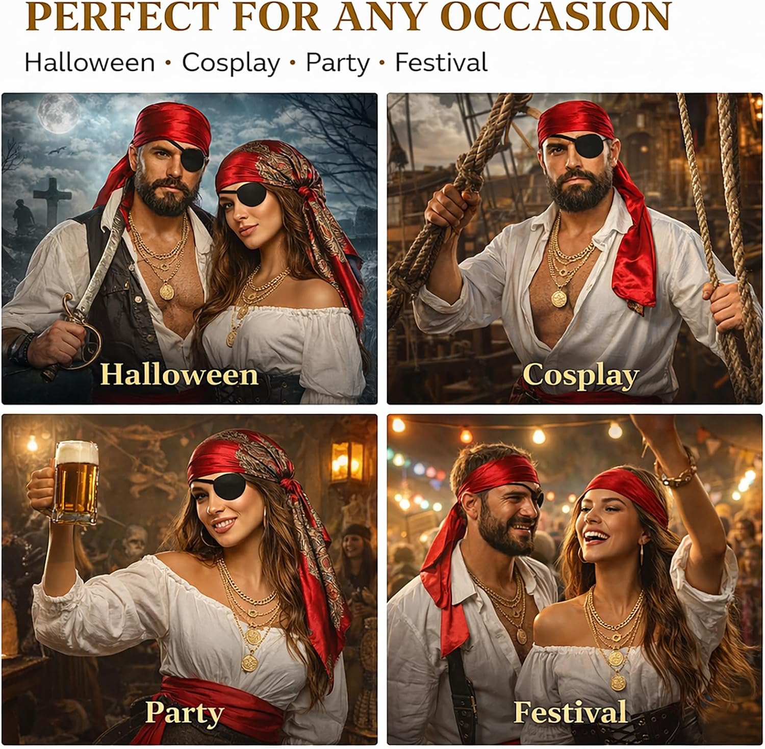 Yaliuliu Pirate Costume Accessories Set for Women &Men– Head Scarf, Satin Sash, Belt & Accessories for Halloween, Cosplay, Party Dress Up Red