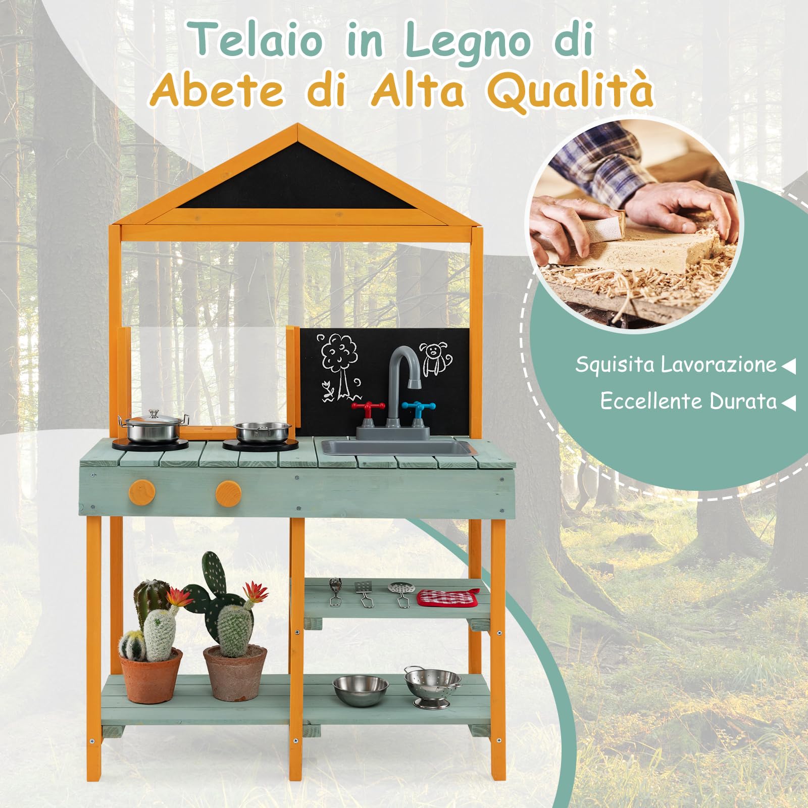 COSTWAY Cucina Giocattolo per Giardino con Vaso da Piantinaggio Trasparente, Rubinetto e Lavandino Rimovibile, Cucina in Legno di Abete per Bambini, Set Cucina con 8 Accessori (Verde e Arancio)