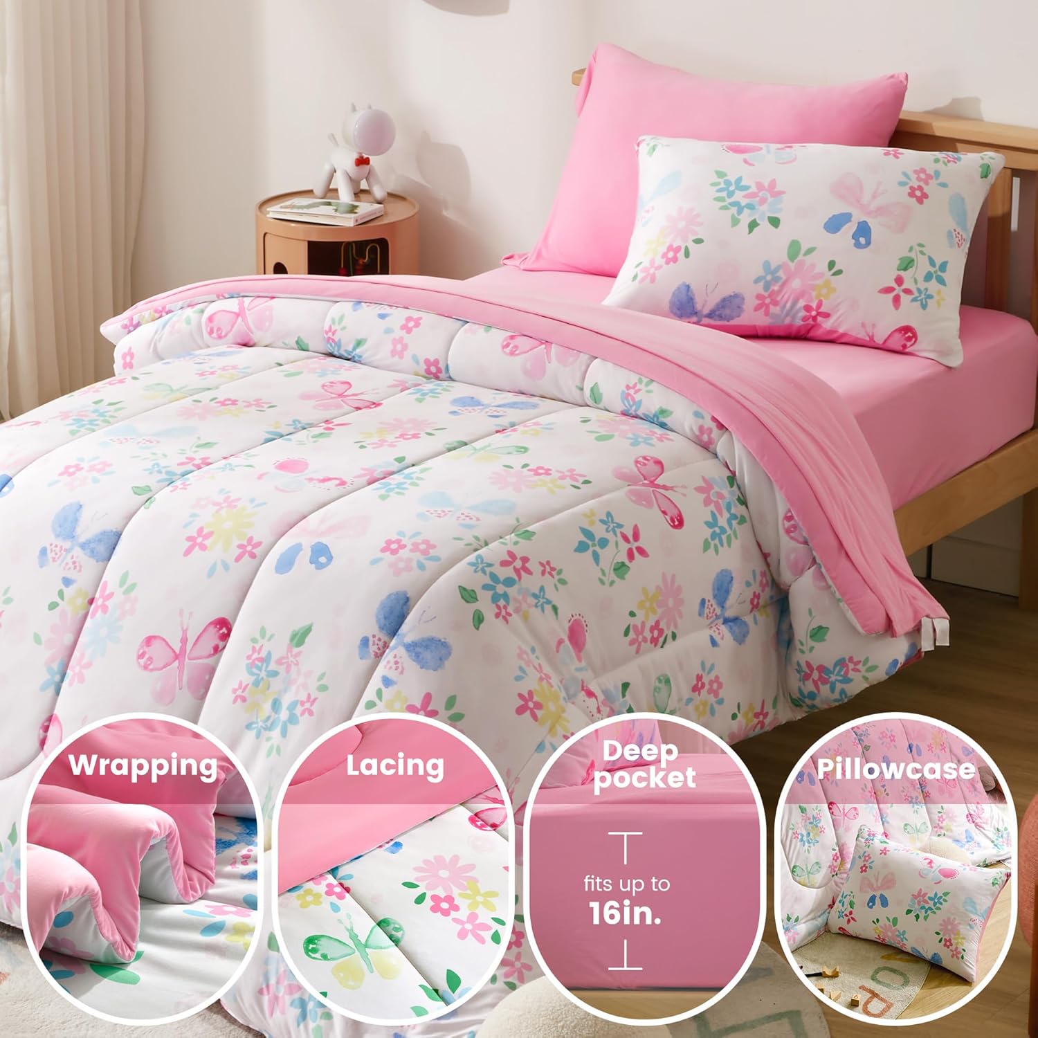 SLEEP ZONE Kids Comforter Set Twin Size, Jersey Knit 5 Pieces Bedding, Super Soft and Breathable Comforter with Sheets, Pillowcases (Butterfly Garden)