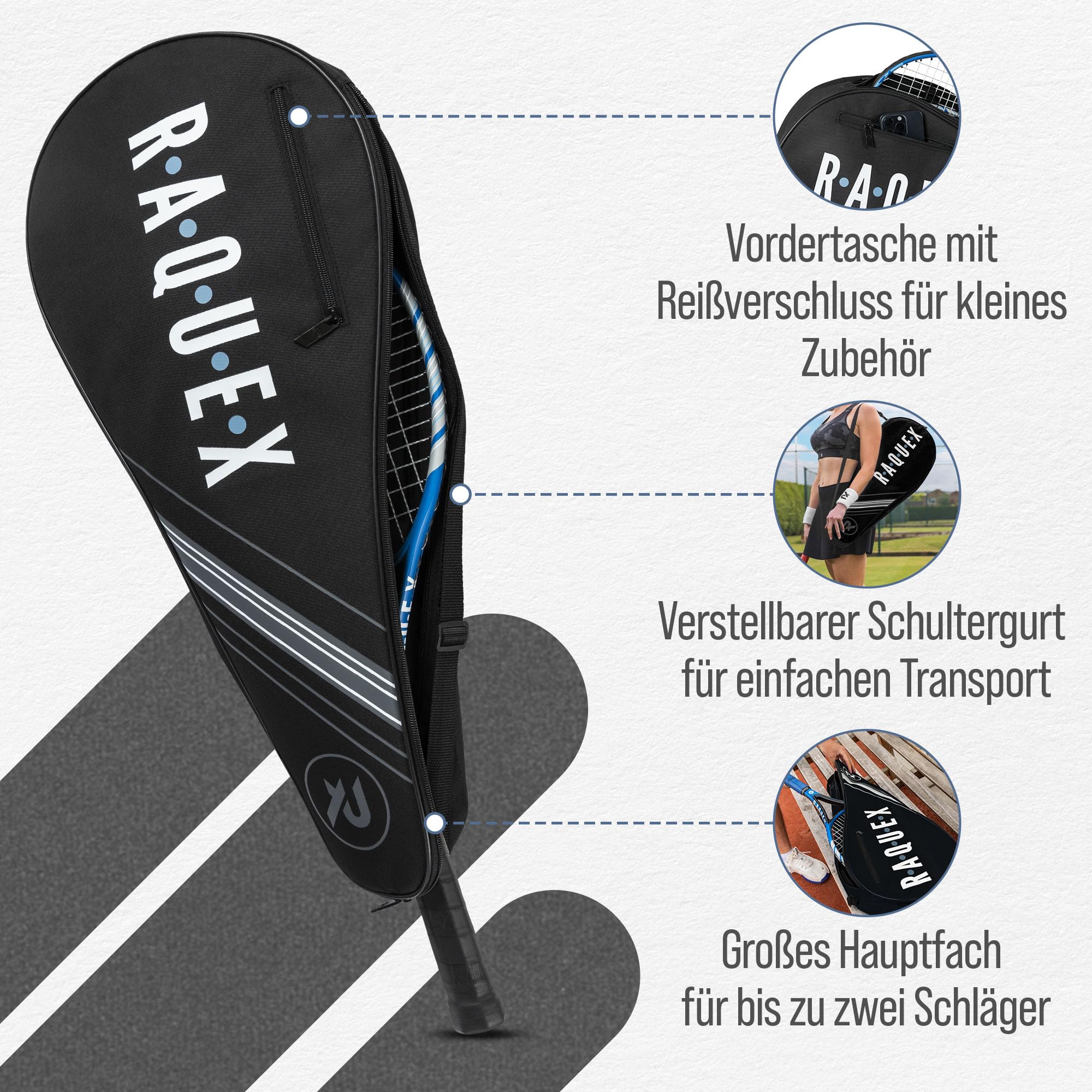 Raquex Tennisschlägertasche - Blau oder Schwarz - Tennisschläger-Tasche, Squash- & Badmintonschlägertasche für 2 Schläger & Zubehör mit Schultergurt