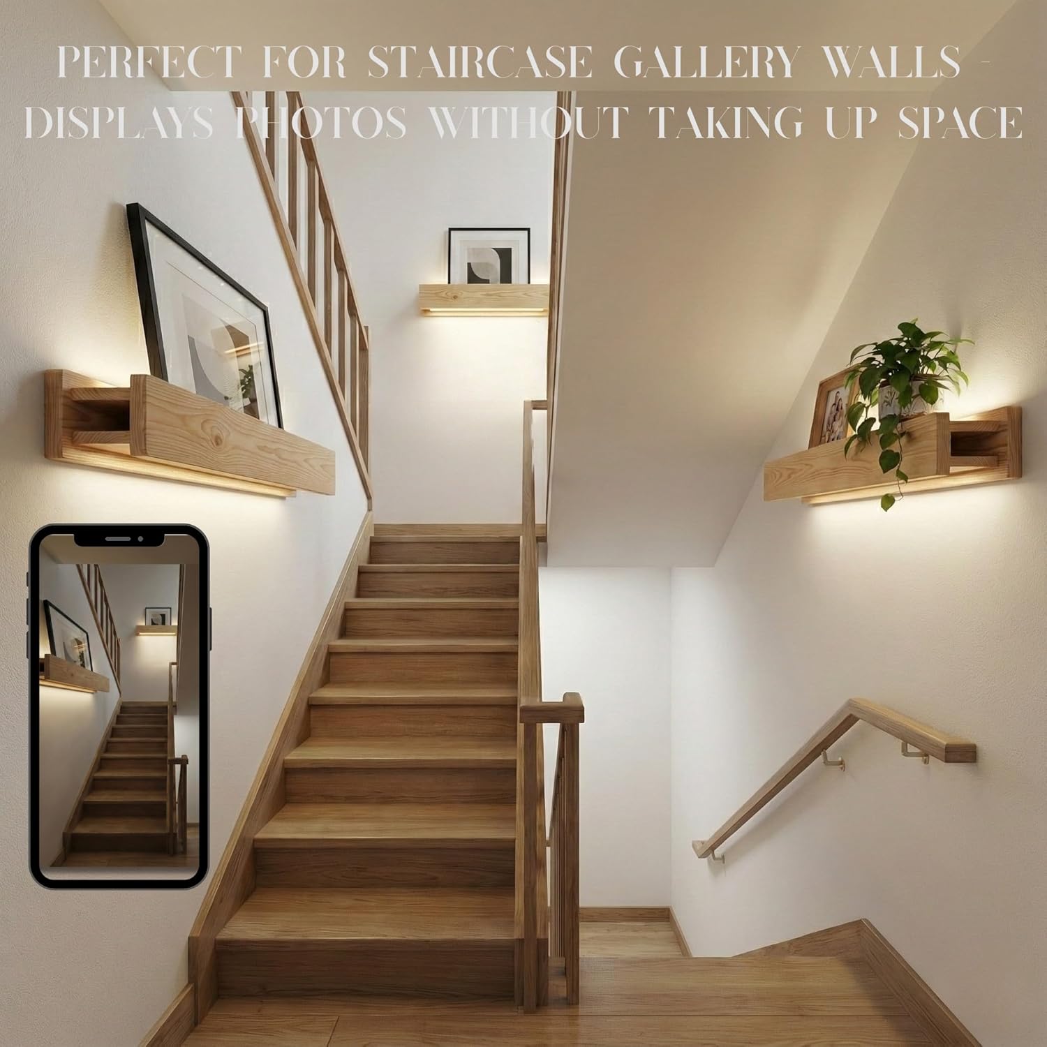 24" Natural Wood LED Floating Shelf, Heavy Duty Solid Pine Decorative Wall Mounted Shelf with Soft Ambient Lights, Minimalist Ledge for Living Room & Bedroom, Ideal for Scandinavian Home Decor