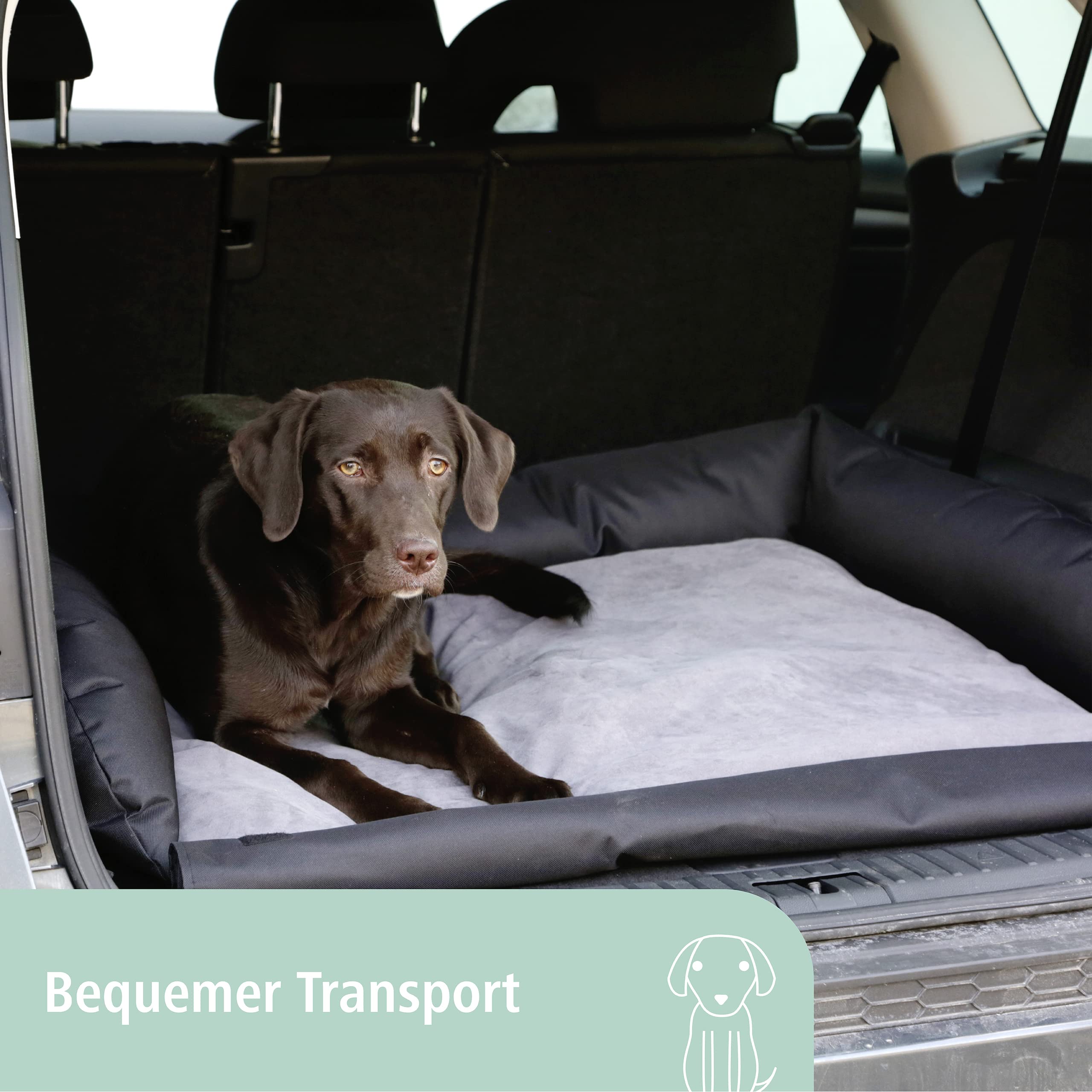 Kerbl Pet Hundebett / Hundekissen für Kofferraum, Gepolsterte Liegefläche waschbar, Schutz vor Schmutz & Kratzern, Mit Stoßstangenschutz, Schwarz/Grau, 80x60x15 cm