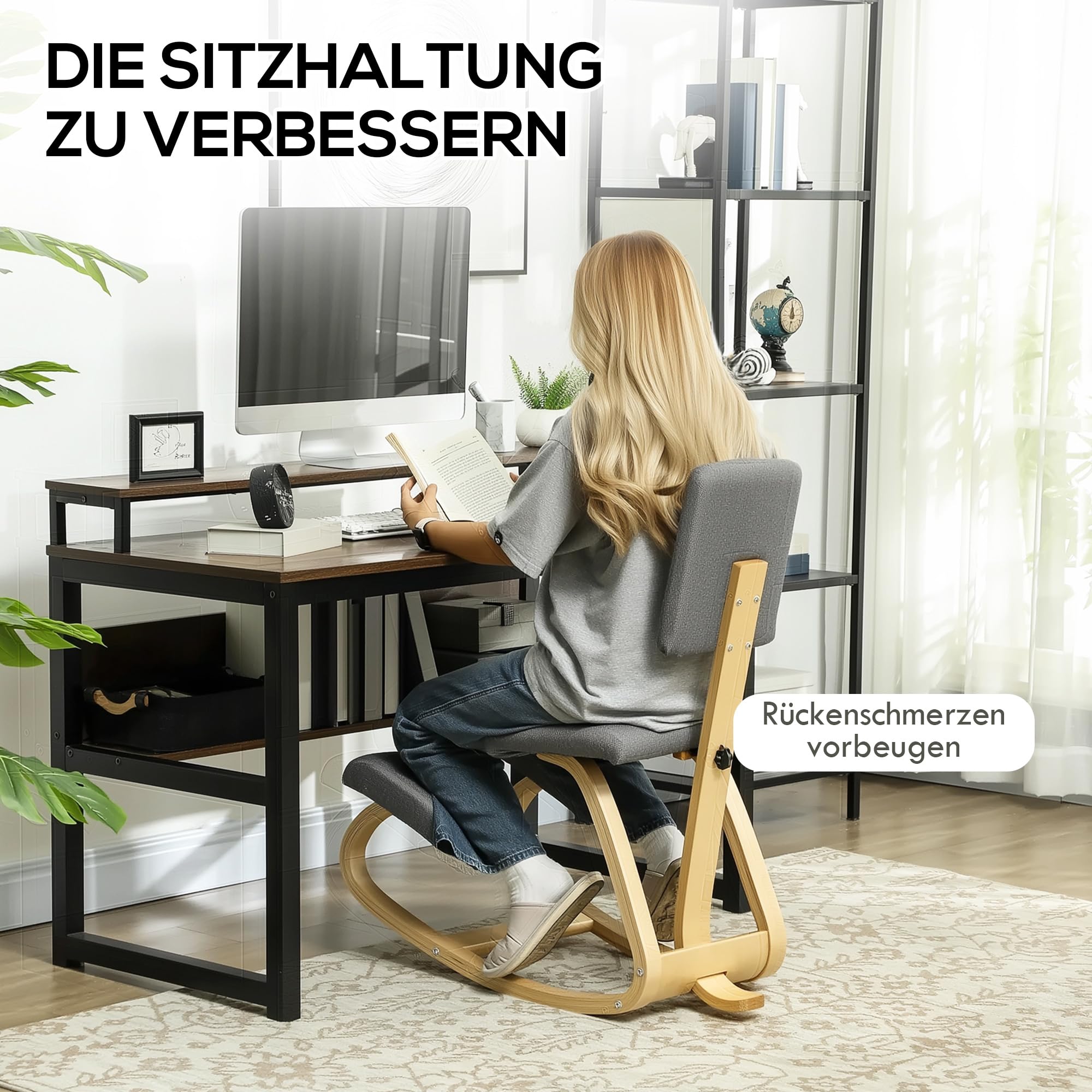HOMCOM Ergonomischer Kniestuhl, Kniehocker mit Rückenlehne, Basis aus Holz Bürostuhl für Zuhause, Büro, Meditation, zur Verbesserung der Nackenschmerzen Rückenschmerzen Grau