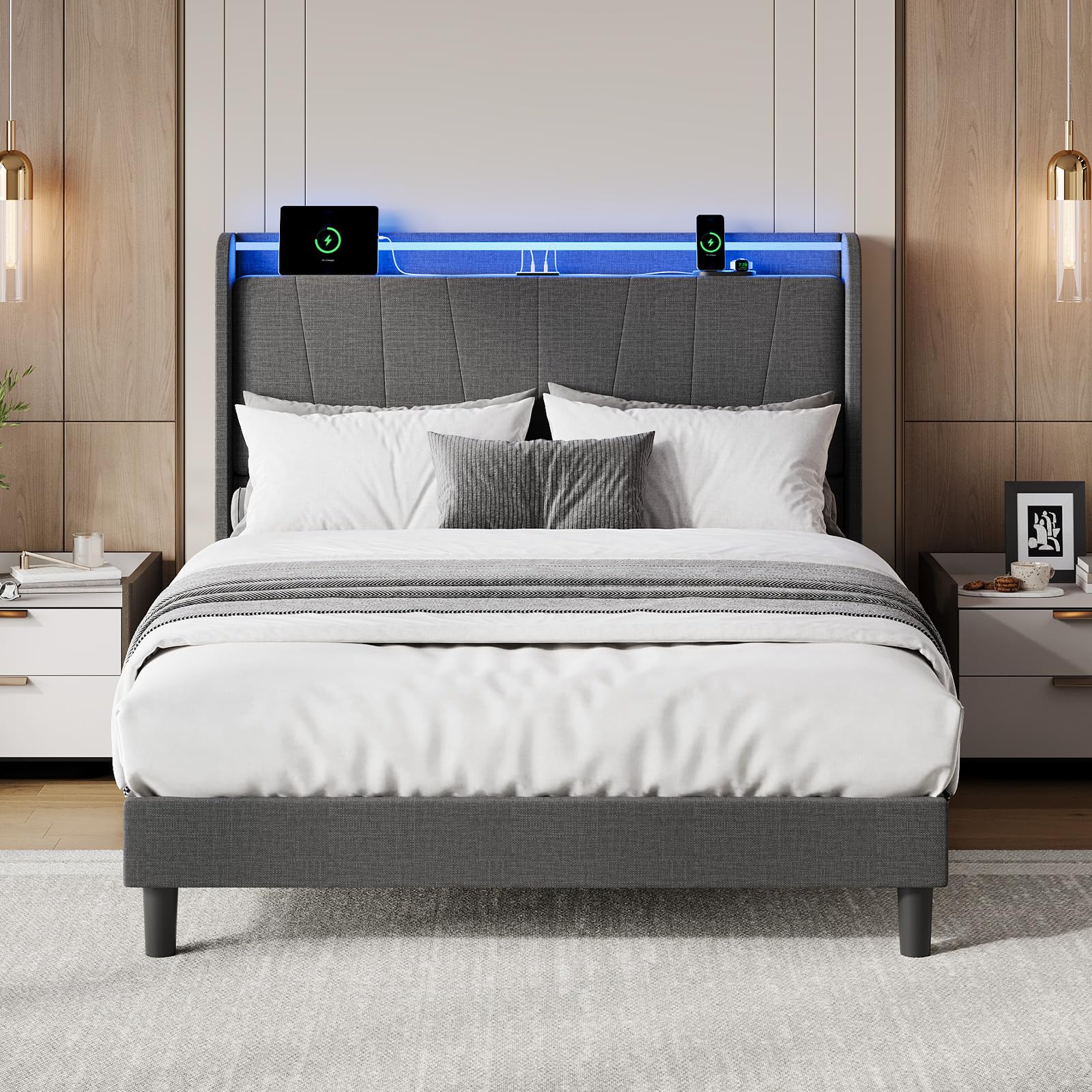 Full LED Bed Frame with Charging Station, Platform Bed Frames with Fabric Upholstered Storage Headboard and Wooden Slats Support, No Box Spring Needed, Without Slip Without Noise, Easy Assembly