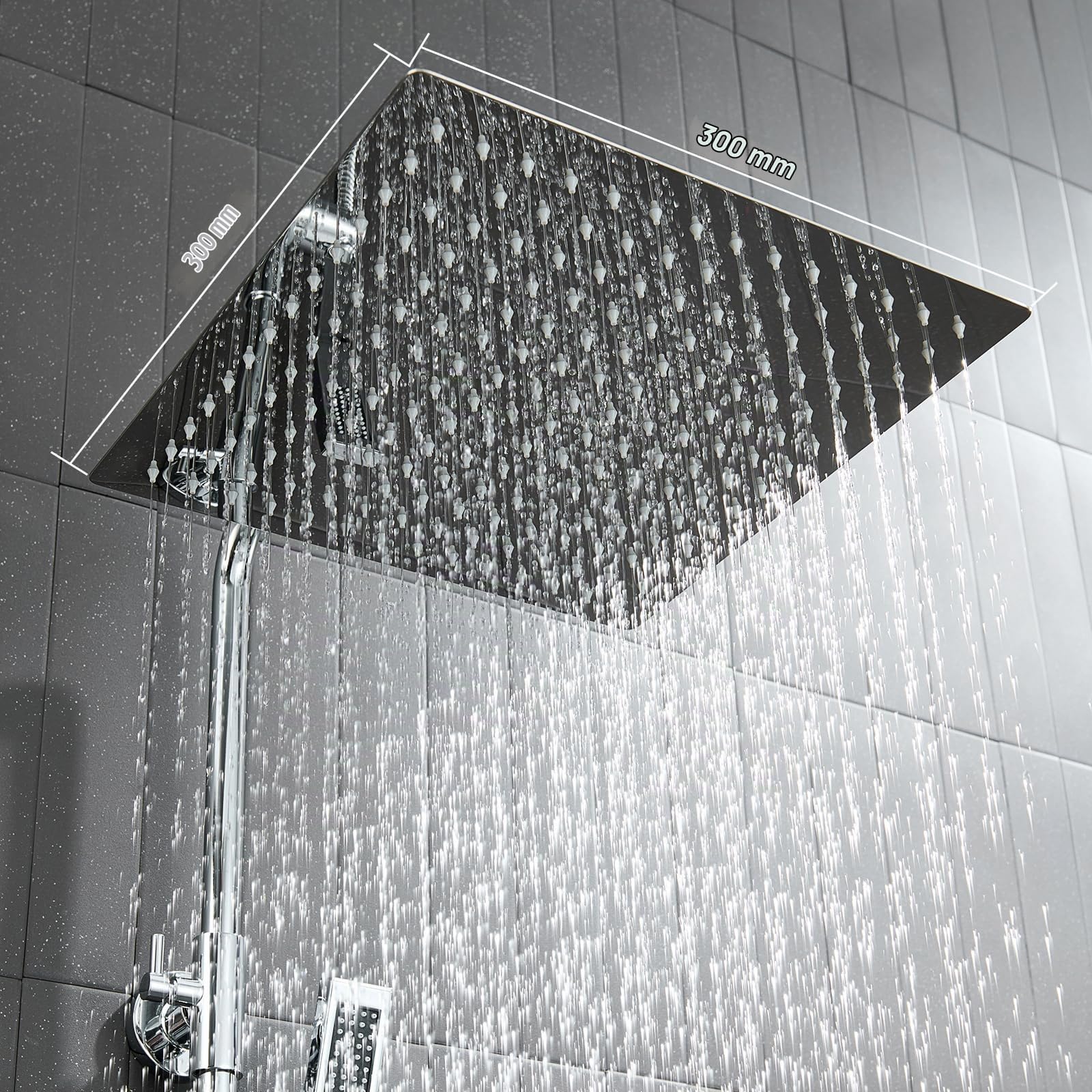 Auralum Colonne de Douche Sans Mitigeur Chrome Mat en Laiton, Colonne Télescopique 68-108cm avec Tête de Douche Carrée 12", Douchette Carrée et Flexible PVC, pour Baignoire et Salle de Bain