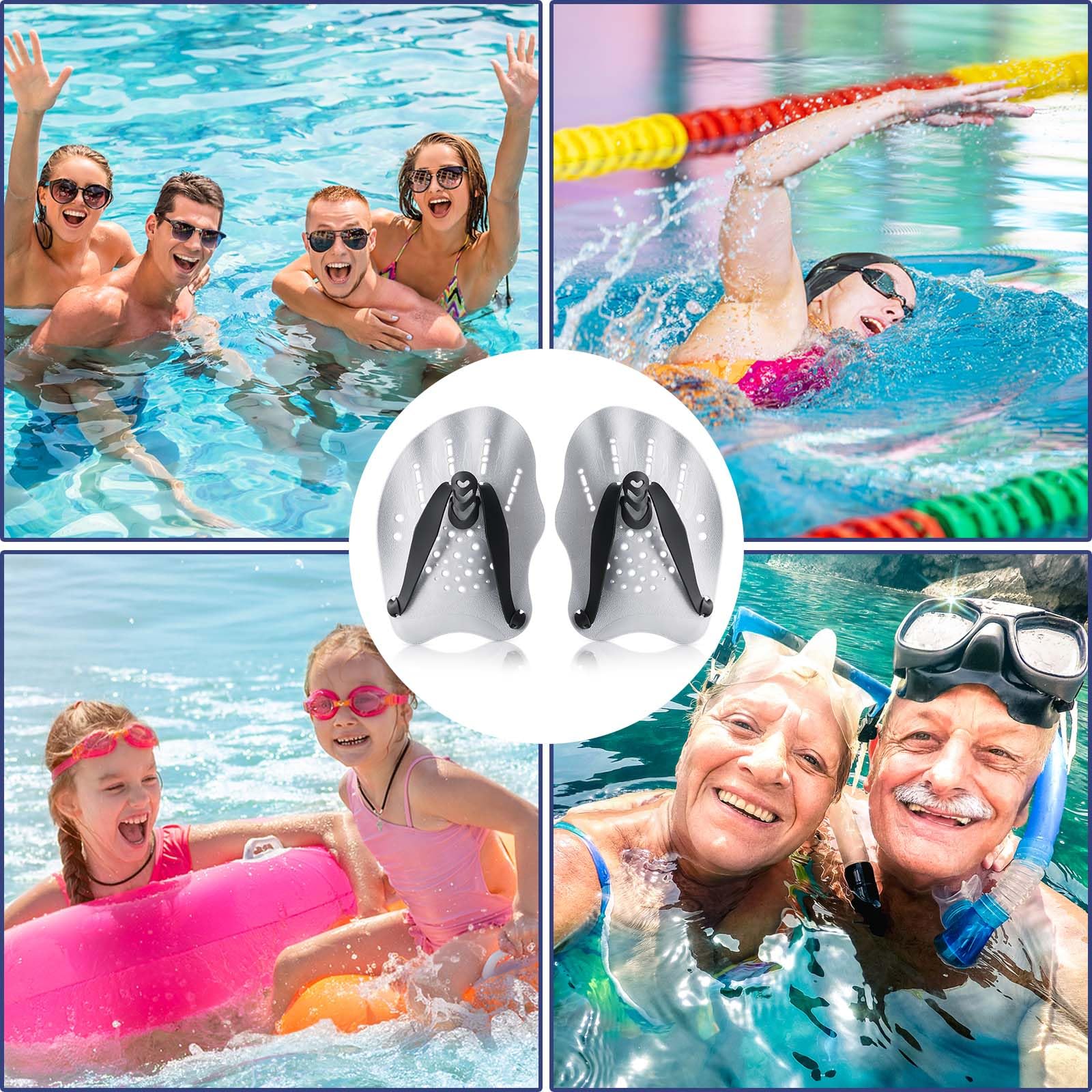 WuGU Palas Natacion, Pala de Mano para Piscina con Correas Ajustables, Paletas de Natación para Adultos Unisex, Pala de Entrenamiento de Natación Profesional para Adultos Niño Unisex(Plata)