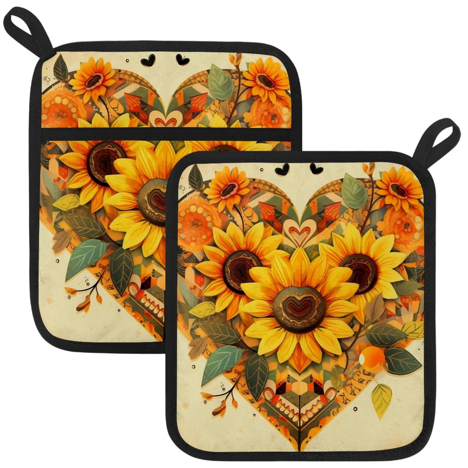 VAPOKF Love Sunflower Heat Resistant Pot Holders, Thick Pot Holders Pad with Hanging Loop for Kitchen, Oven Cloth Pads for Kitchen Baking Microwave Oven