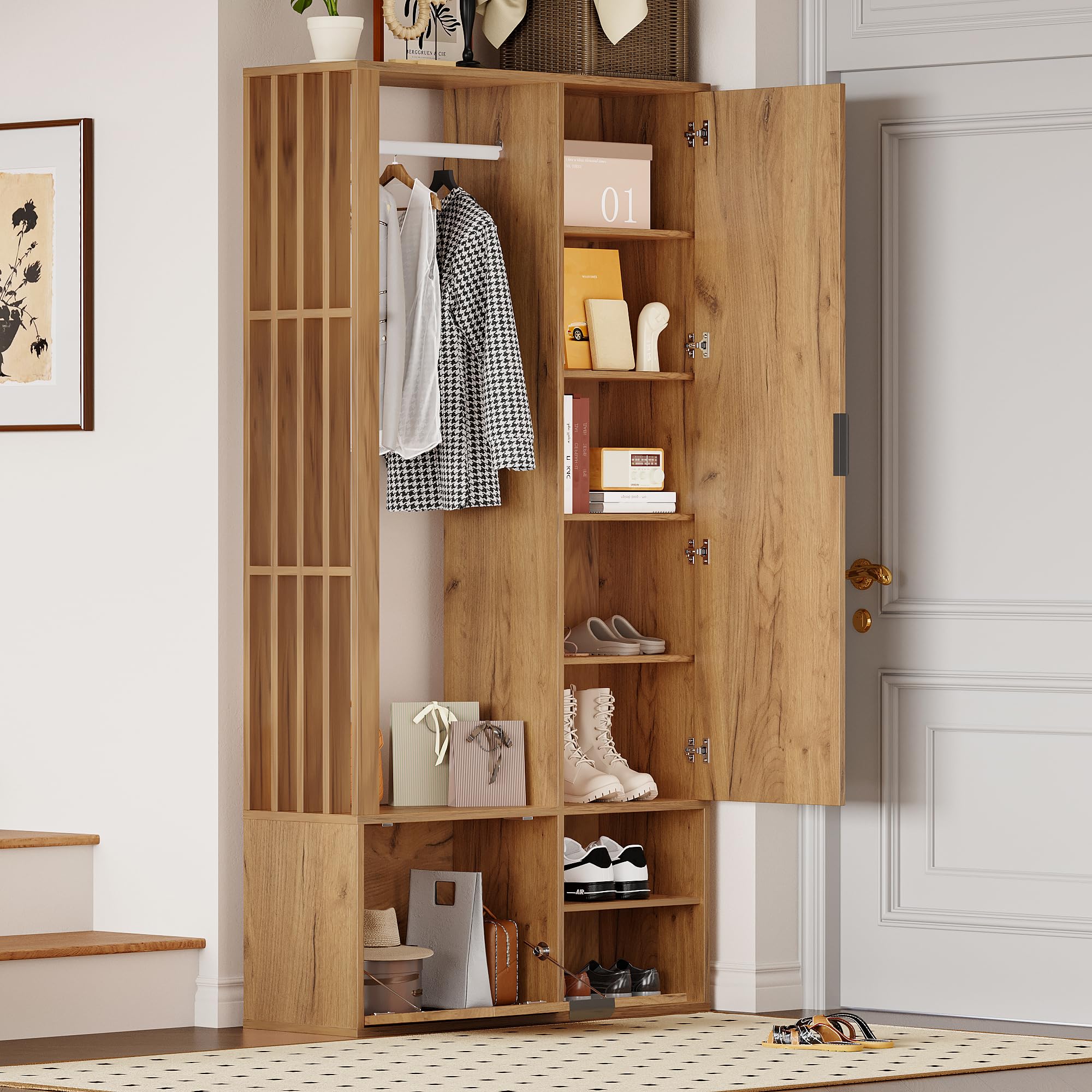 Juego de perchero 6 en 1 con espejo y barra para ropa, armario de madera con puerta plegable y 5 estantes, armario estrecho para pasillo, pasillo y vestíbulo, juego de muebles con zapatero, color