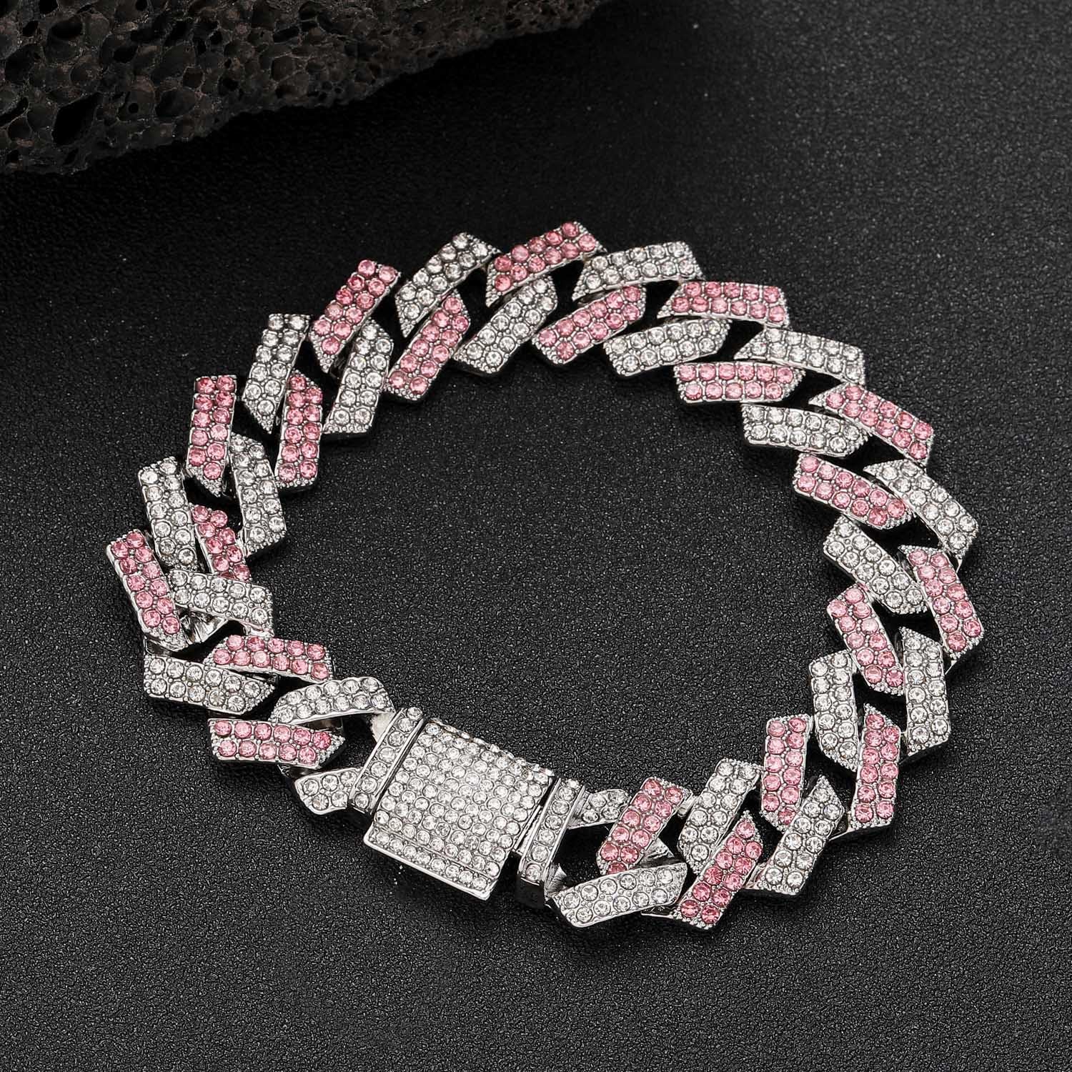 Pink Dog Chain Necklace with Diamond, Bling Cuban Link Puppy Collars Glitter Rhinestone Cat Jewelry for Small Medium Large Pet Dogs, 8-Inch