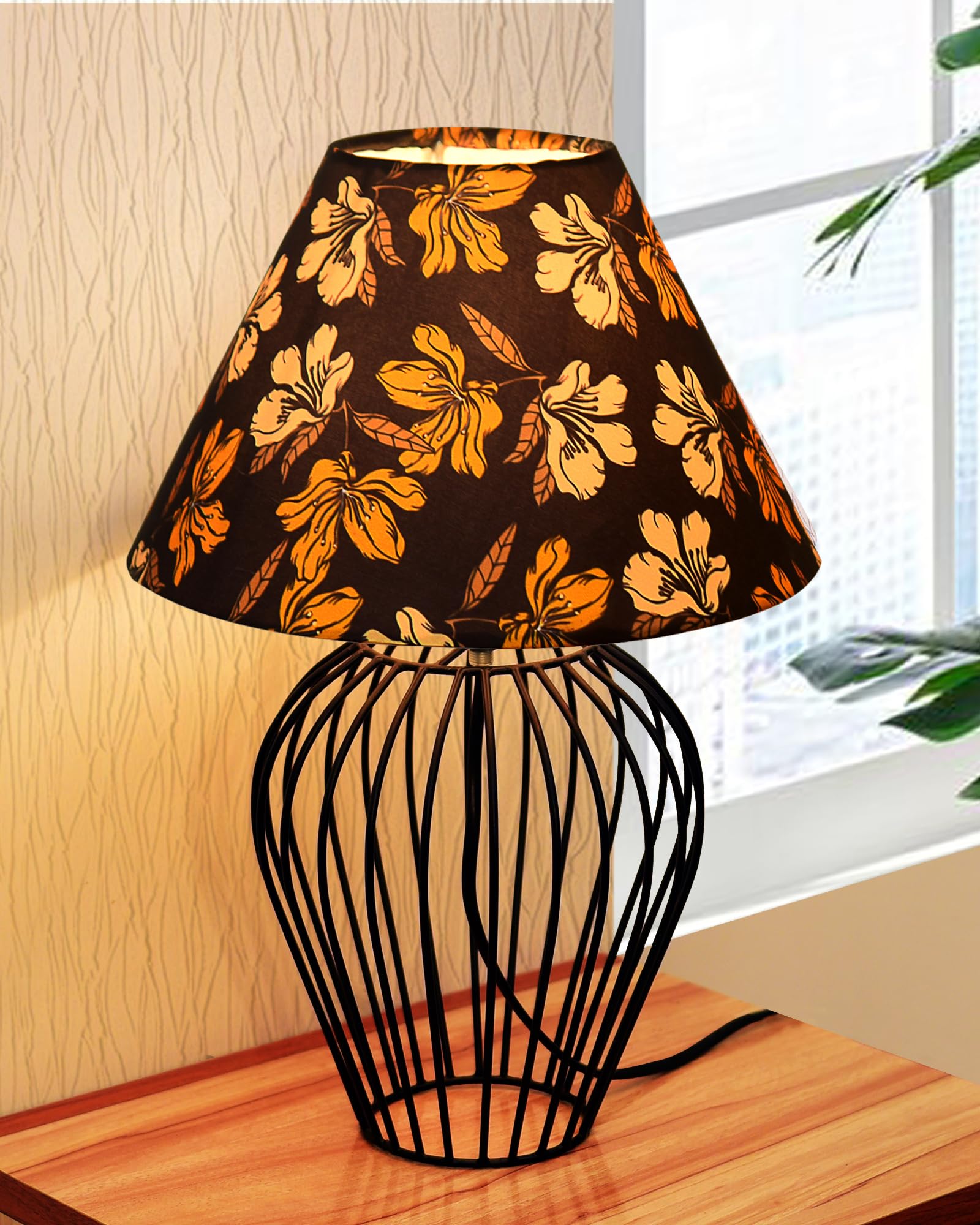 Homesake®Black Bedside Table Lamp,Small Nightstand Lamp for Bedroom,Modern Desk Lamp Light with Fabric Shade Geometric Metal Base for Living Room Study Office Farmhouse, Wire Tulip, (Iris Cone)-image-47