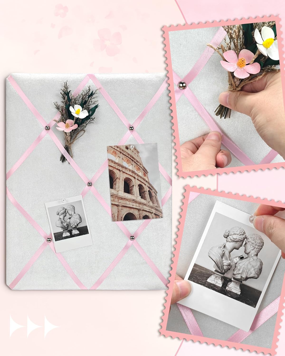 White Fabric Memo Bulletin Board, 17x13 inches Velvet Pin Board for Wall, Vision Board Message Board with Pink Criss-Cross Ribbons for Home Office School Wall Decor(PK Ribbon,4333)