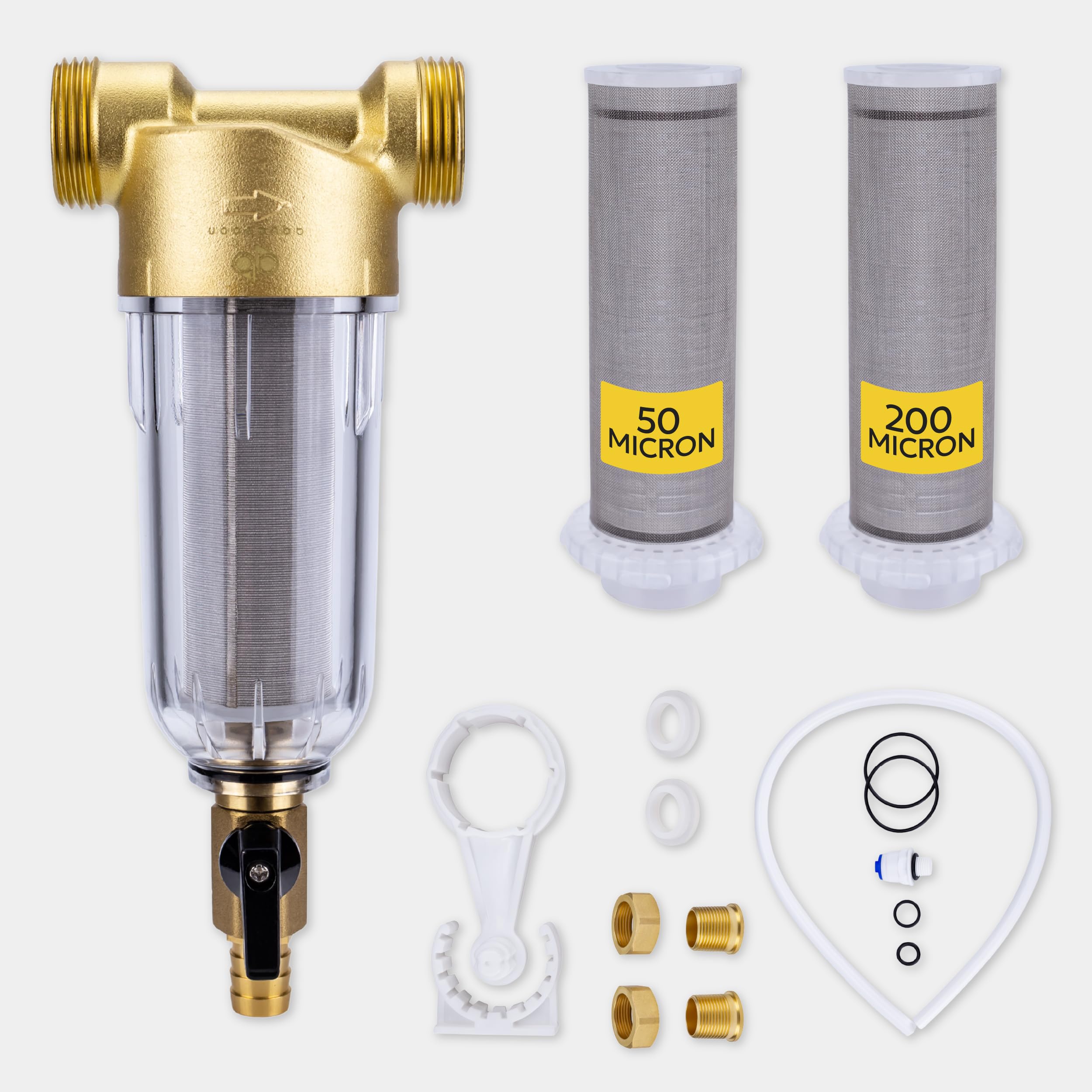 Aquaboon Filtros de sedimentos giratorios reutilizables de 50 micras para agua de pozo AB-PF50M | Filtro de agua de sedimentos para toda la casa 1 pulgada MNPT+3/4 pulgadas FNPT - Sistema de