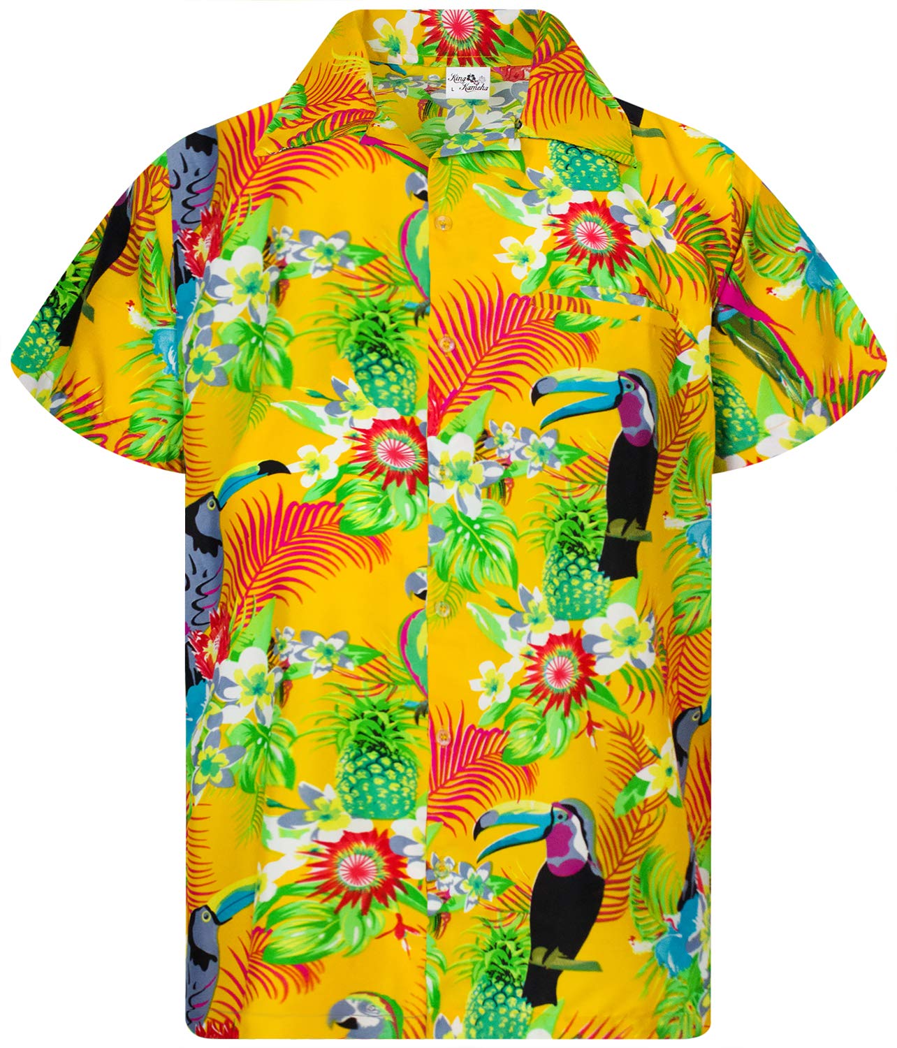 King Kameha Vintage Hawaiian Shirt for Men – Tropical Men’s Hawaiian Shirt Short Sleeve, Parrot-Cockatoo, Yellow, L