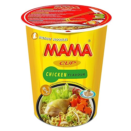 MAMA Fideos instantáneos de pollo con deliciosos sabores tailandeses, fideos calientes y picantes con base de sopa de pollo, sin grasa trans con