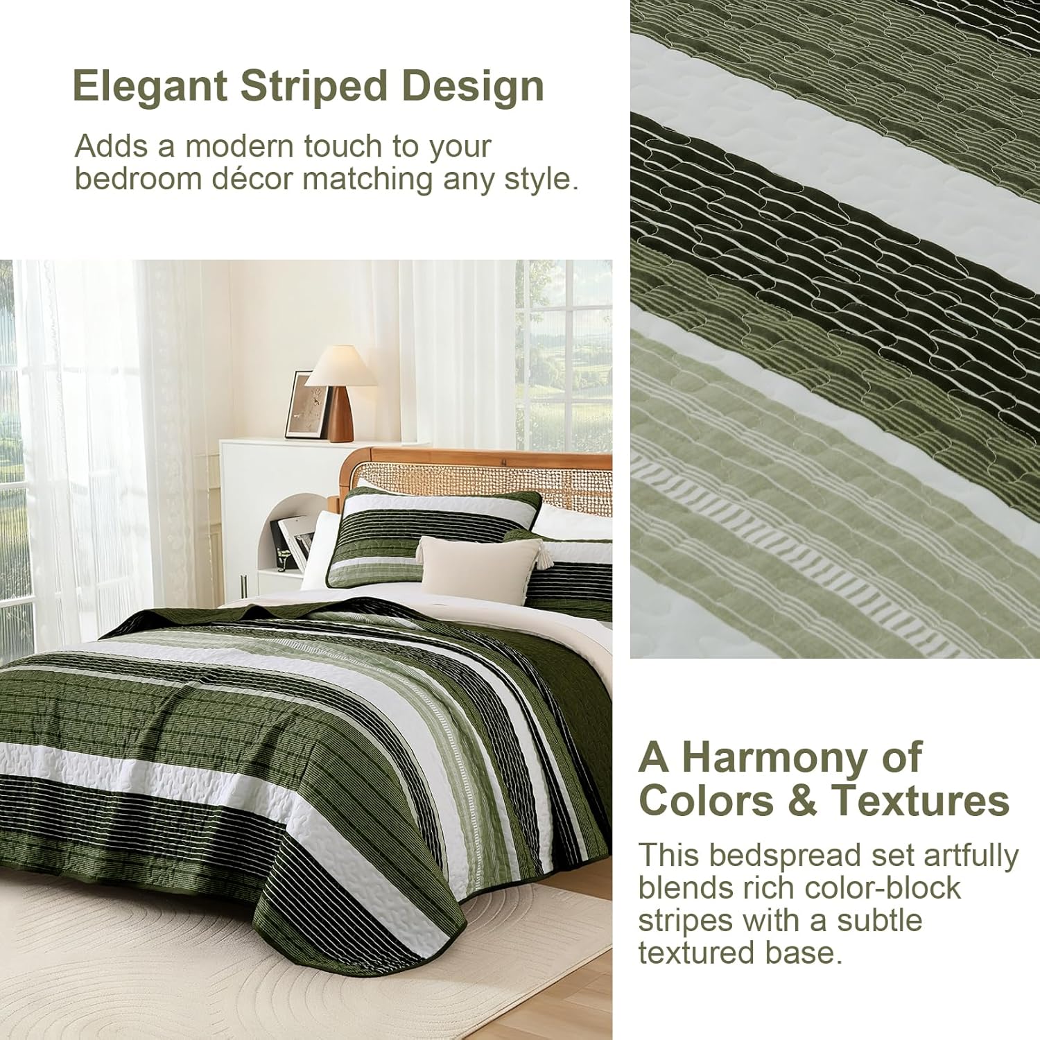 Quilt Set Queen Size Sage Green Striped Bedding Set 3 Piece Lightweight Bedspreads Coverlets Set Soft Microfiber Summer Striped Quilts With 2 Pillowcases All Season Patchwork Comforter Set 96"×90" - Image 6