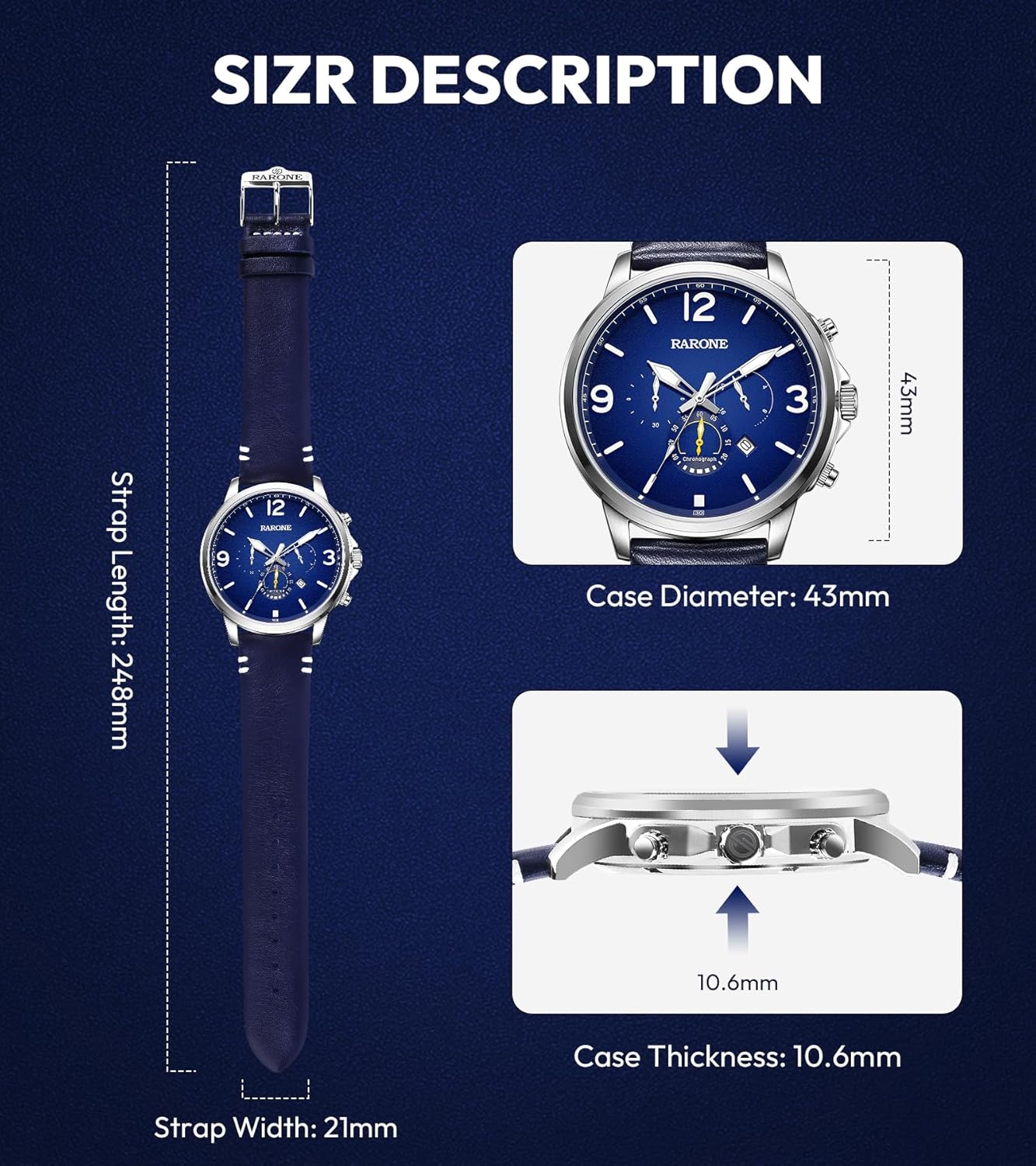 Mens Watches, Analog Quartz Chronograph Waterproof Wrist Watches, Usiness Casual Leather Watch for Men, with Date Display, Luminous Hands Elegant Men's Gift, Blue