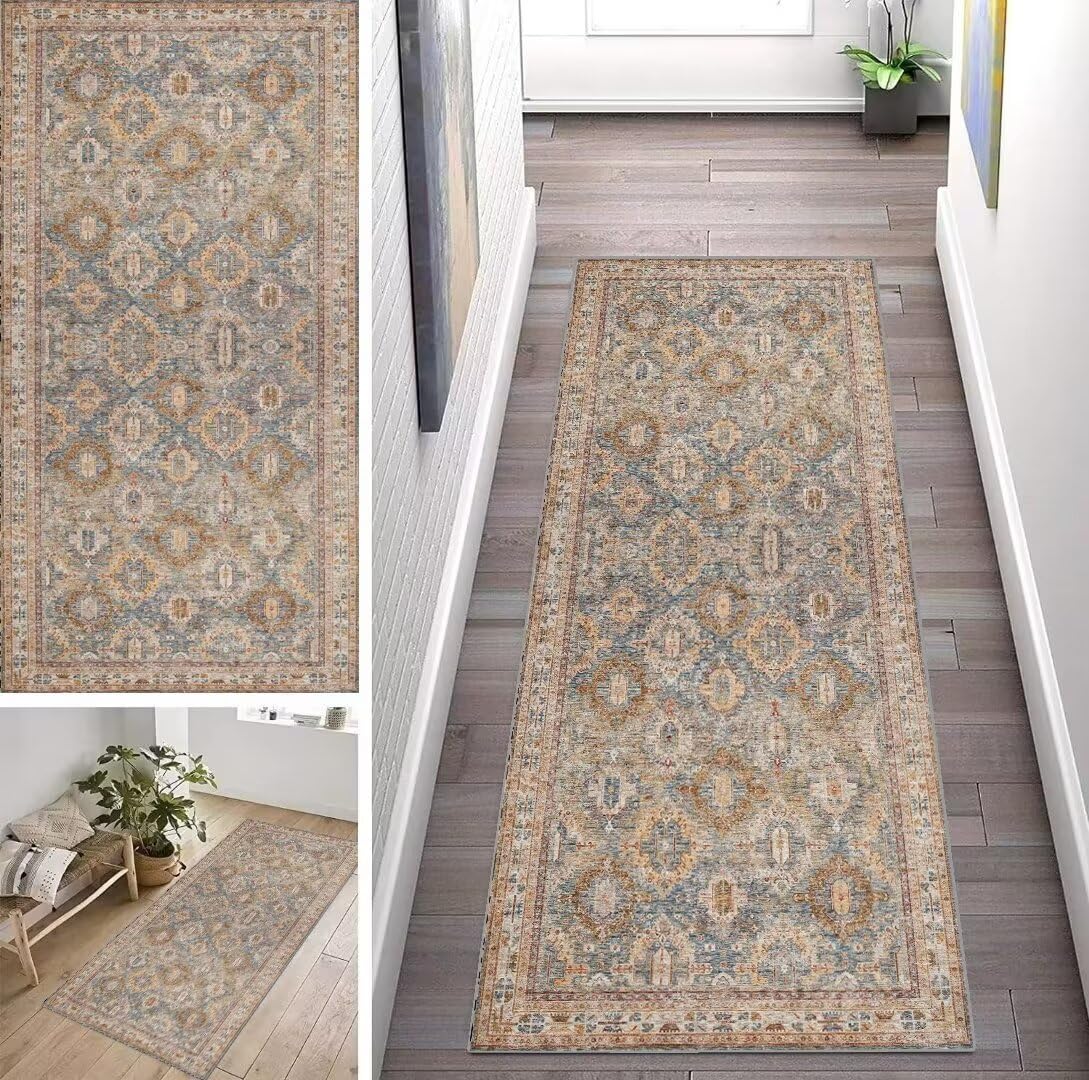 ZUZEKU Abstracte loper voor hal / keuken, wasbaar, antislip, 110 x 120 cm, vintage grijs en blauw, lang, keukenteppich, halstekker, tapijt voor de gang, woonkamer, slaapkamer, per meter aanpasbaar