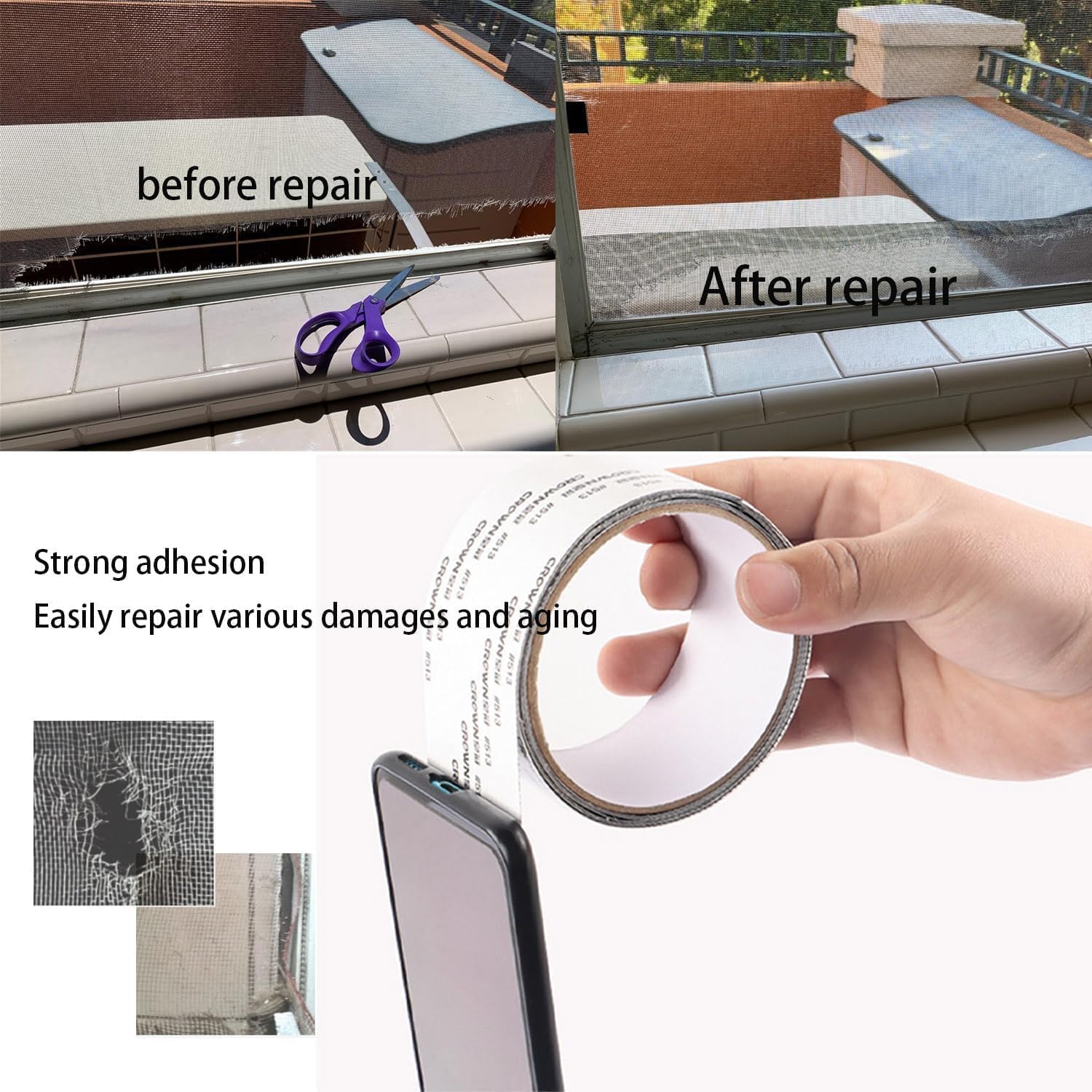 VIVNITS Mosquito Net Repair Tape 2 In x 79 In (5CM x 200CM), Self Adhesive Window Screen Mesh Roll, Peel and Stick Patch for Torn Holes, Durable Fiberglass Insect Screen (Standard Roll) — Amazon image 3
