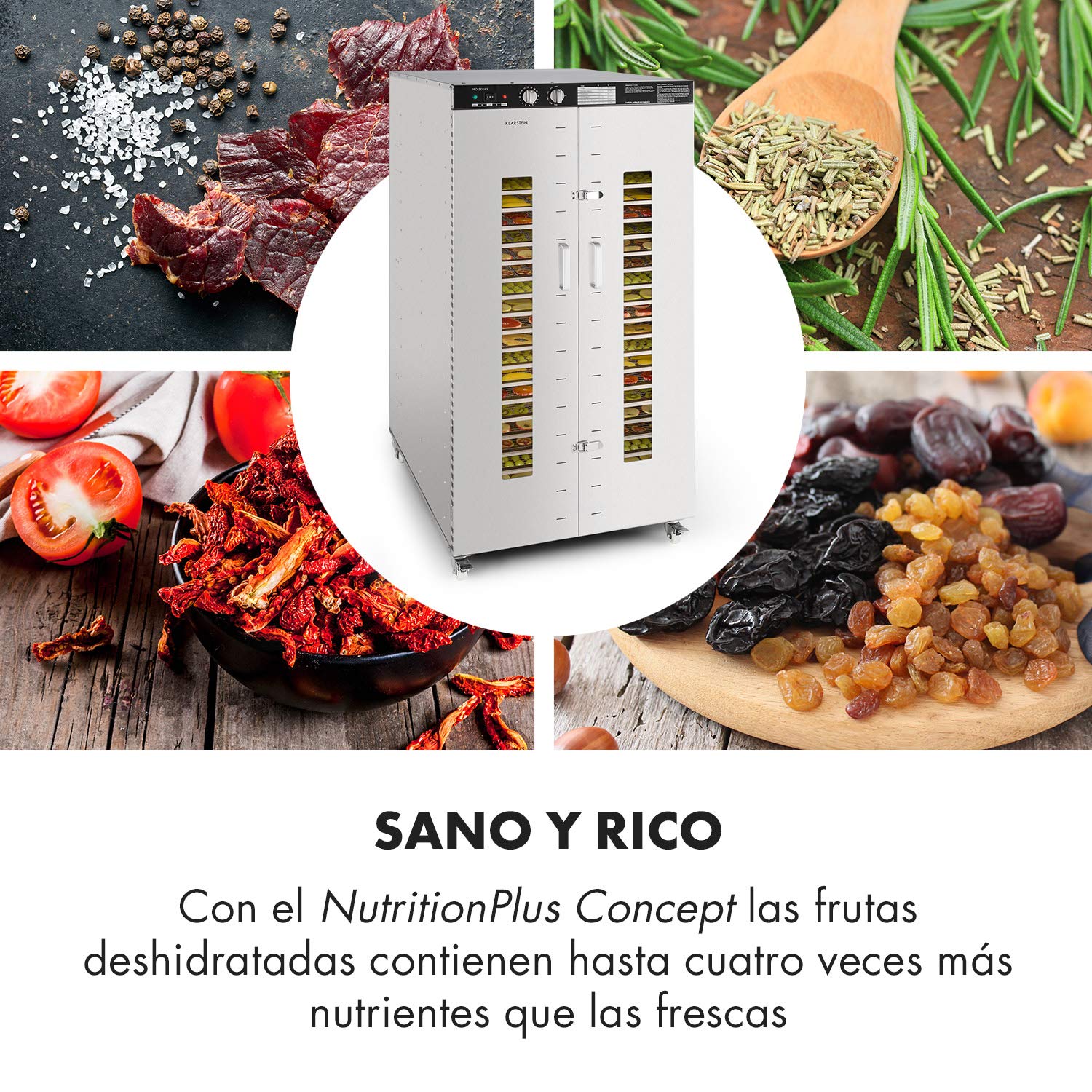 Klarstein Master Jerky - Deshidratador de alimentos, Temperatura ajustable 40-90 °C, DigiSet Control, Carcasa de acero inoxidable, Potencia de 5850 W, Capacidad de 10 m², 24 bandejas, Plateado