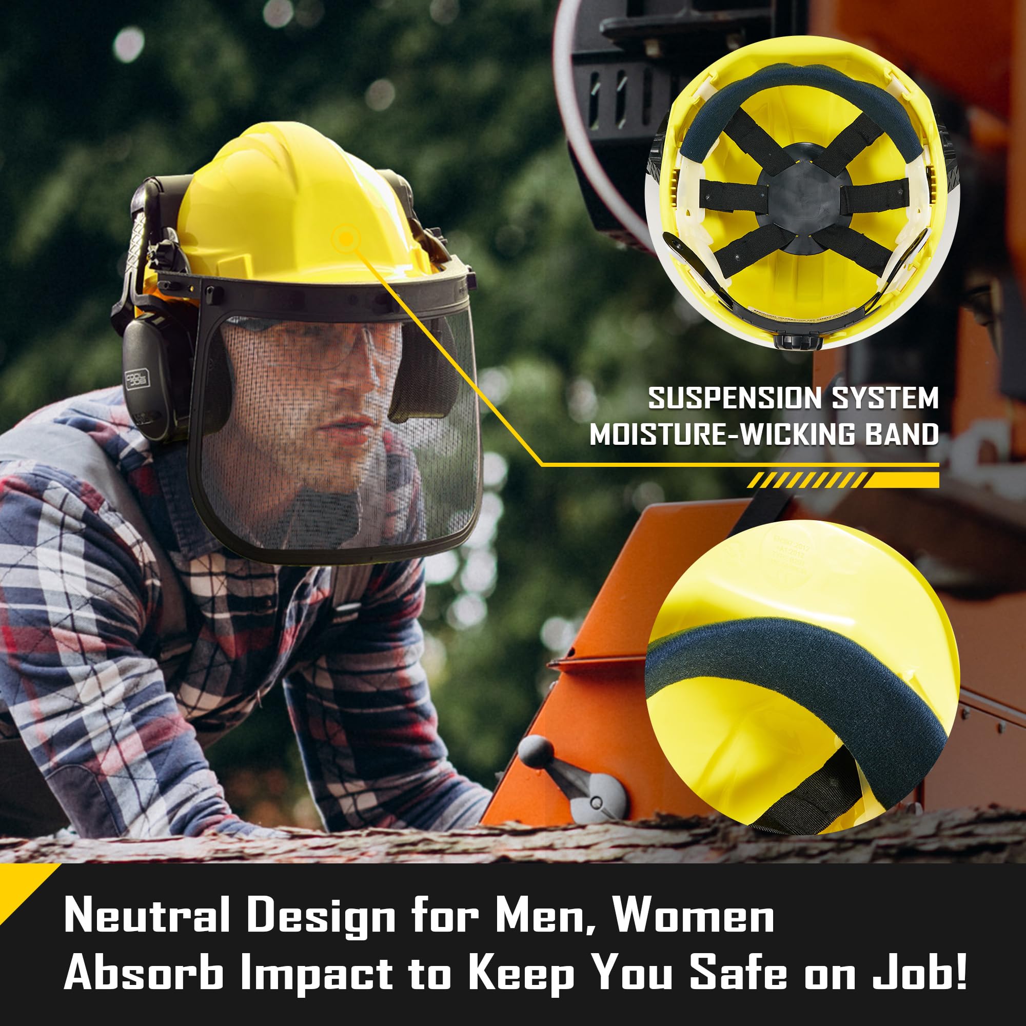 COOLJOB Casco de motosierra de seguridad con protector facial de malla de metal, orejeras ajustables para protección, casco duro 3 en 1 para silvicultura