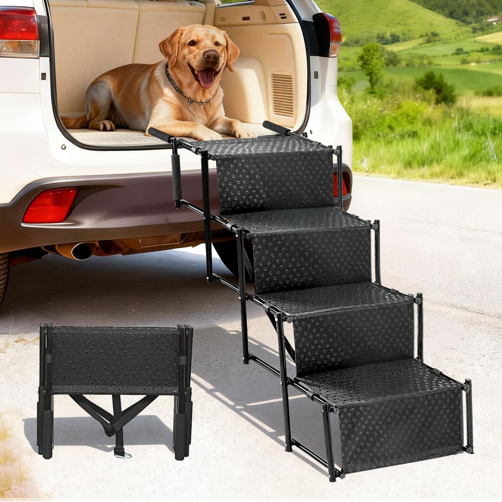 Skylos Foldable Dog Ramp Two Height Adjustable Non Slip Surface Portable Pet Steps for Cars and SUVs Supports up to 176 lbs