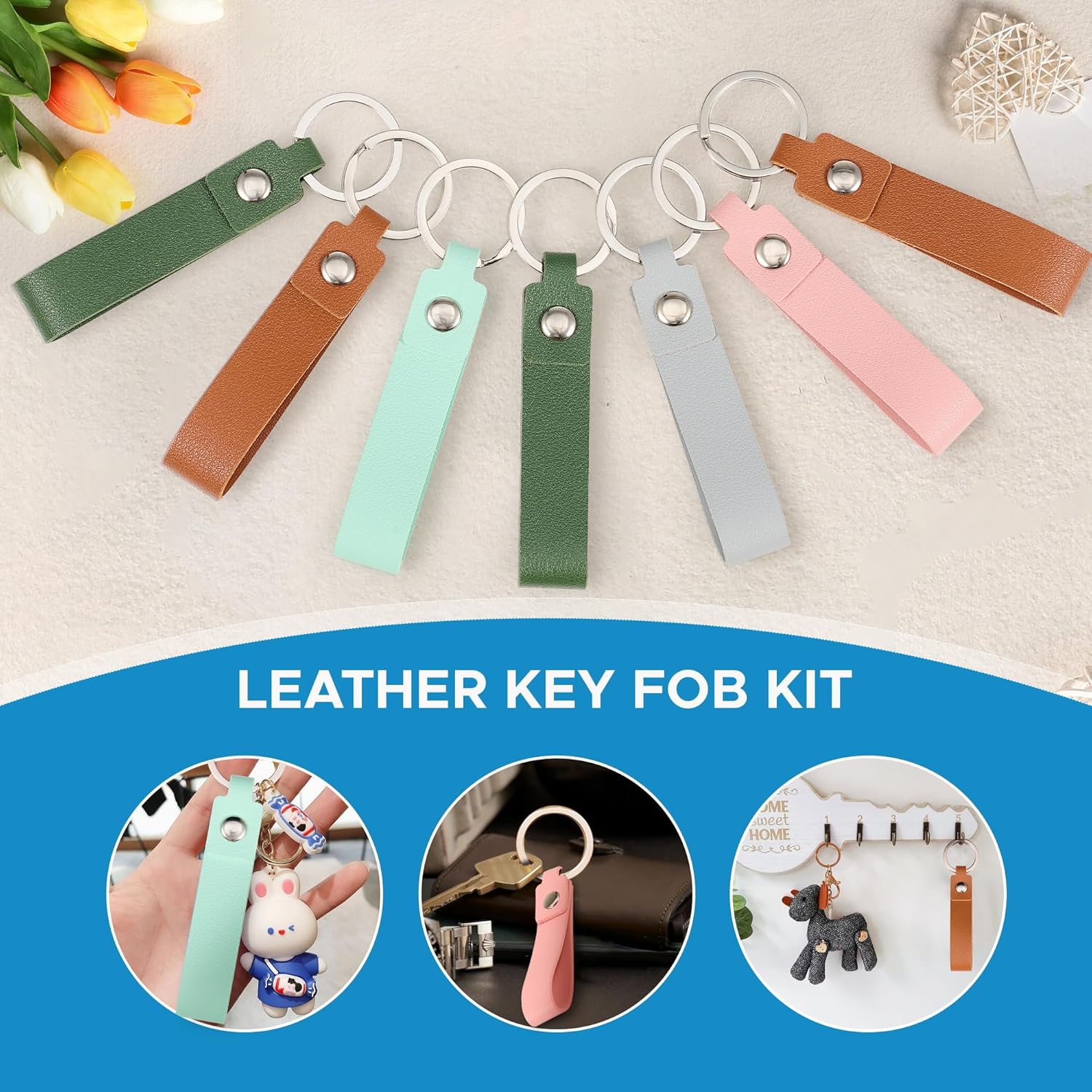 OMTech 100pc Leather Key Fob Kit, PU Leather Keychain Blanks with Rives and Key Rings, Rectangle Leather Key Chain Key Tag Bulk for Laser Engraving Keychain Making DIY Craft, Multi Colors - Image 6