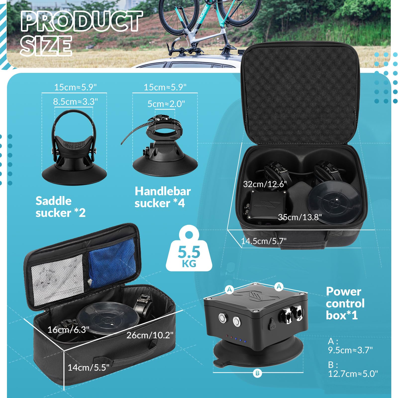 ROCKBROS Bagażnik Rowerowy na Dach Samochodu z Elektrycznymi/Ręcznymi Przyssawkami Uchwyt Rowerowy na Dach Przyssawka Aluminiowy Czujnik Ciśnienia Szybki Montaż dla 1/2 Rowery Szosowe Rowery Górskie