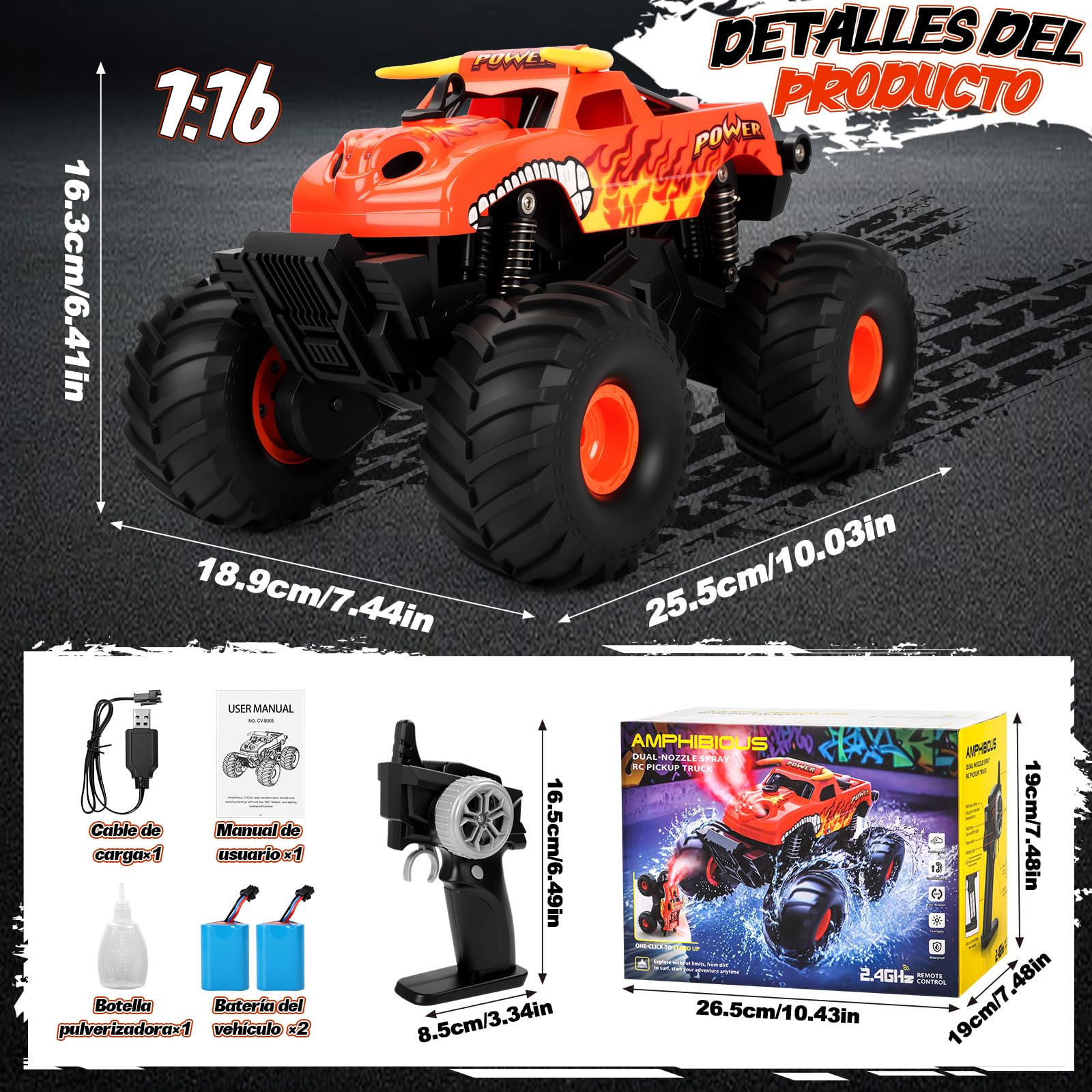Charmofun Monster Truck Teledirigido, Anfibio Coche Teledirigido con Luces Led e 2 Baterías, 2.4GHz 360° Rotación Impermeable RC Monster Truck, Coche RC 1:16 para Niños (Rojo)