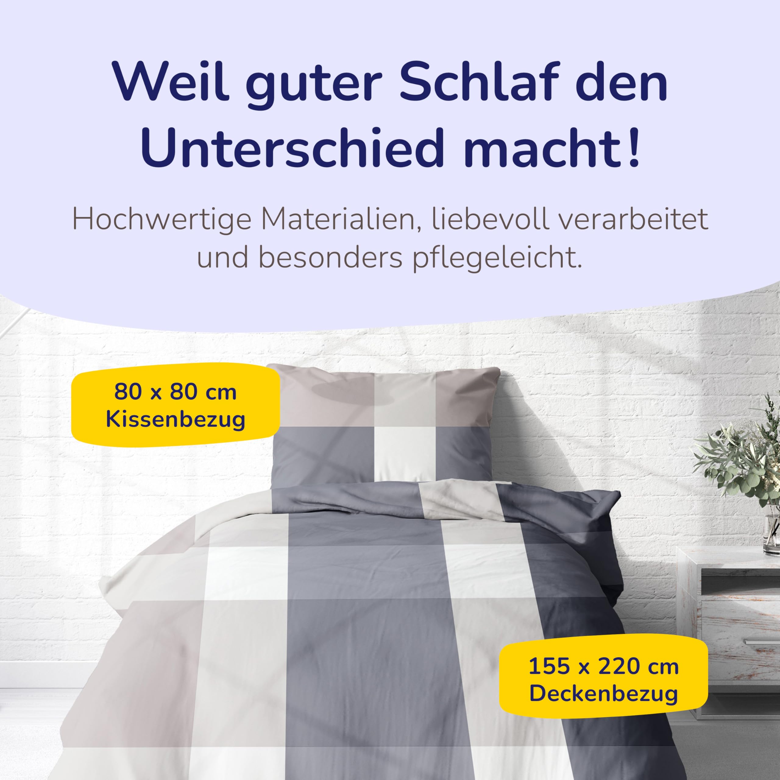 Bettwäsche aus 100% Baumwolle 2tlg. 155x220 + 80x80 cm Karo beige anthrazit | Renforcé Bettwäsche mit Reißverschluss, leicht, atmungsaktiv, bügelfrei, ideal für Frühling, Sommer, Made in EU, OEKO-Tex