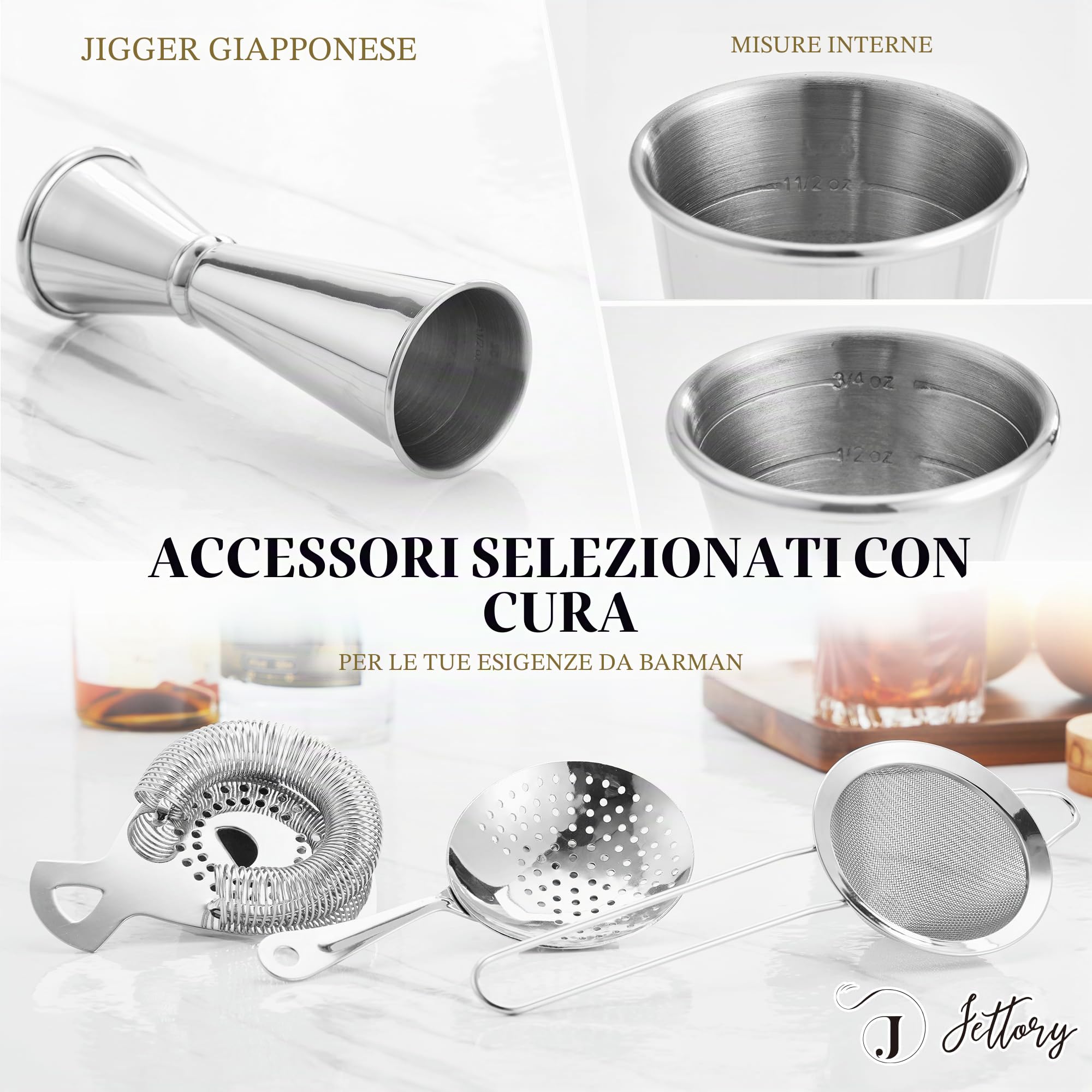 Boston Shaker Set da 10 Pezzi in Acciaio Inox Con Base Acrilica - Colino, Pinza per Ghiaccio, Cucchiaio, Misurino, Pestello - Perfetto per il Bar di Casa (Argento)