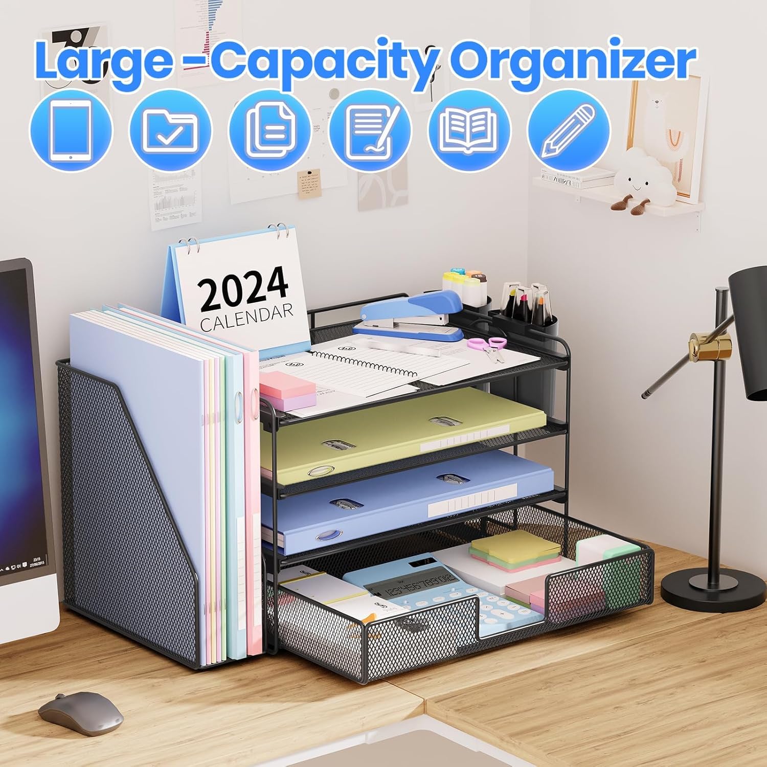OPNICE Desk Organizer, 4-Tier Desktop File Organizer with Drawer and 2 Pen Holders, Office Desk Accessories, File Sorters, Workspace Organizers for Office Supplies(Black-2pack)