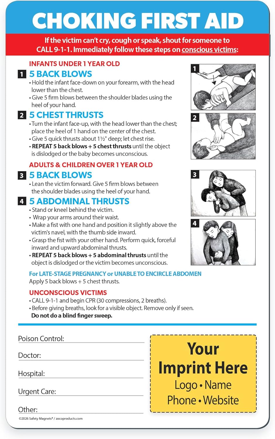 Safety Magnets by ZOCO – 100-Pack Custom Choking First Aid Quick Reference Cards – Promotional Handout for Healthcare, Trade Shows, Health Fairs, Community Outreach – 5.25" x 8.5"