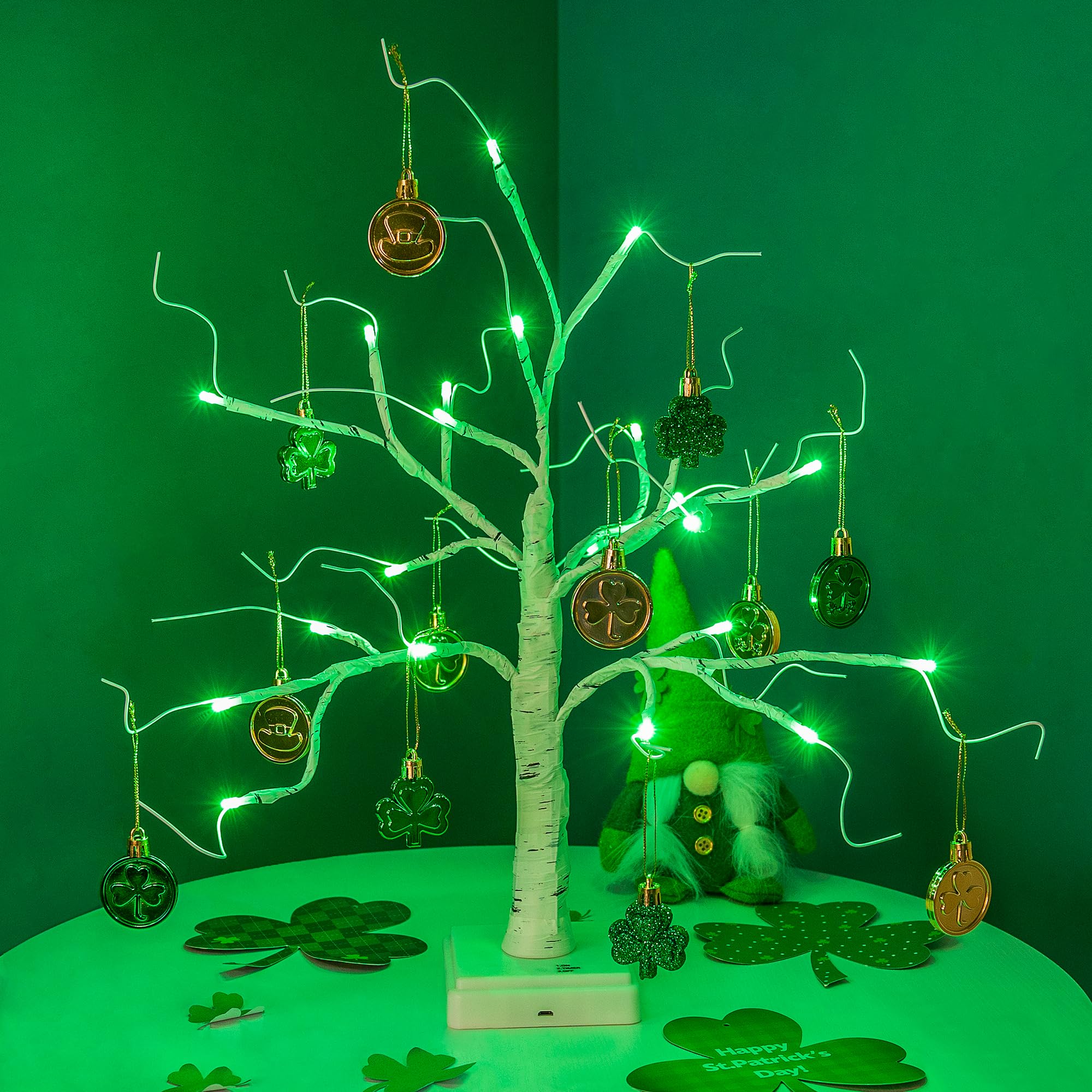 Woohaha 24LED St.Patrick's Day Decorations Tree,18IN Tabletop Lighted Birch Tree with Lucky Shamrocks Ornaments,Prelit Green St.Patrick's Day Tree Battery/USB Operated Timer for Home Party Decor