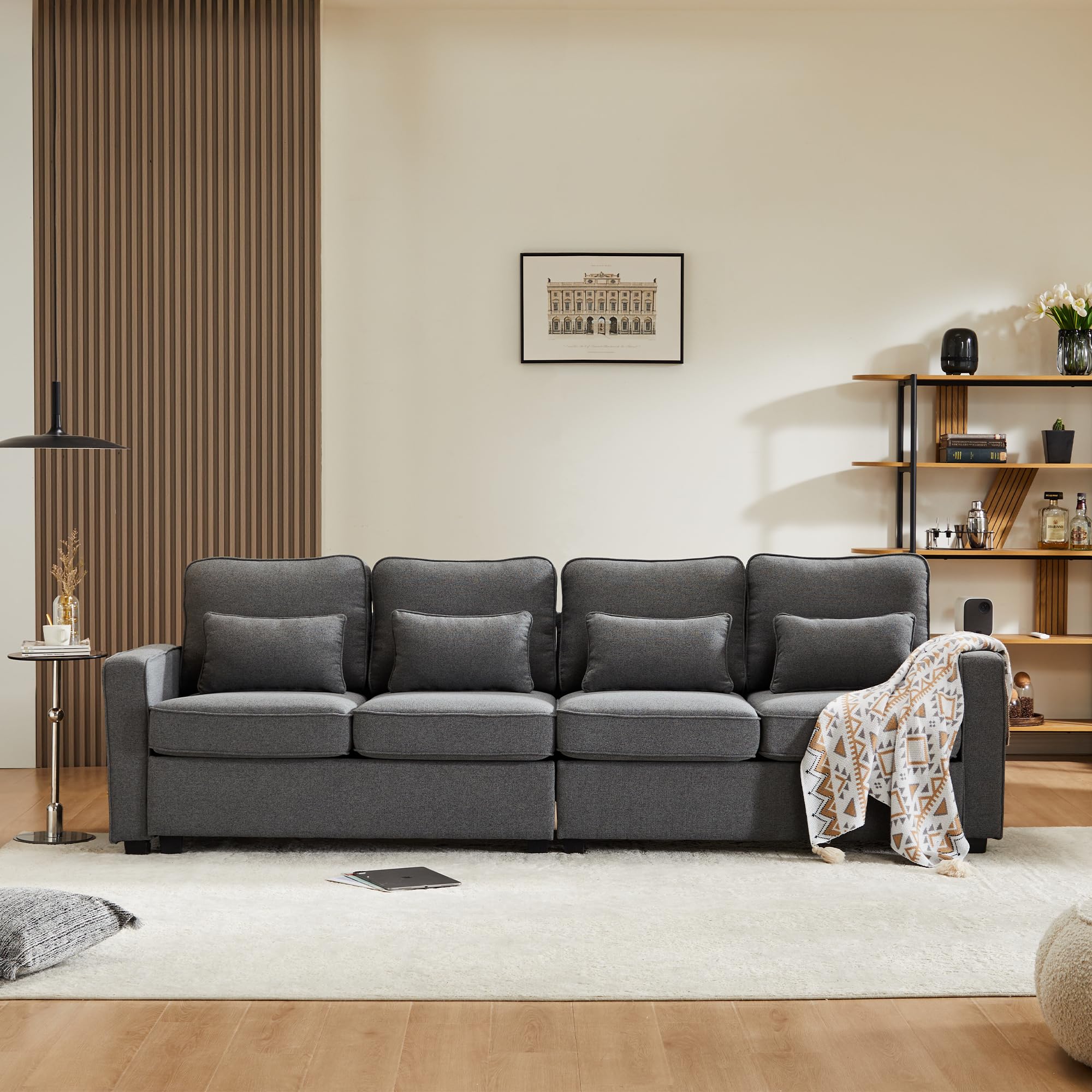 Divano moderno a 4 posti in tessuto di lino, divano a quattro posti con tasche per braccioli e 4 cuscini, divano dallo stile semplice, adatto a soggiorno, casa, ufficio (Grigio scuro)